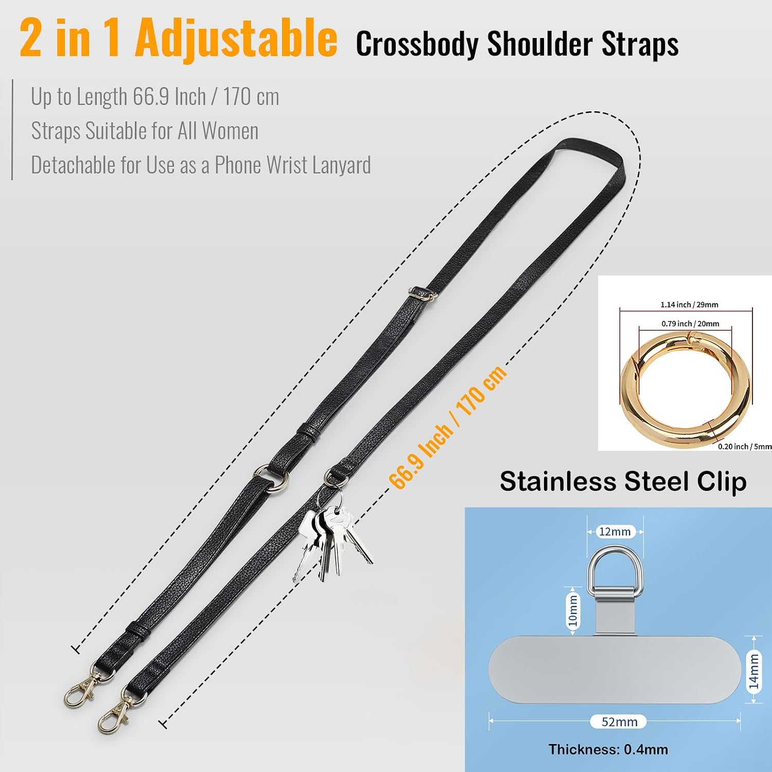 Clip and Go Phone Strap Crossbody Wrist 2 in 1 Leather Lanyard with Tether Hanging Loops Adjustable Anti-Theft Purse Replacement Handbag Long Thin Shoulder Neck Straps for All Phones Keys Bags Black