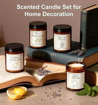 Scented Candle Gift Set, 4 Pack 25oz Soy Wax Candles, Long Lasting Aromatherapy Candles for Home Fragrance, Ideal Gift for Women and Men Eucalyptus Mint, Lemon Lavender, Musk Vetiver, Sage Citrus
