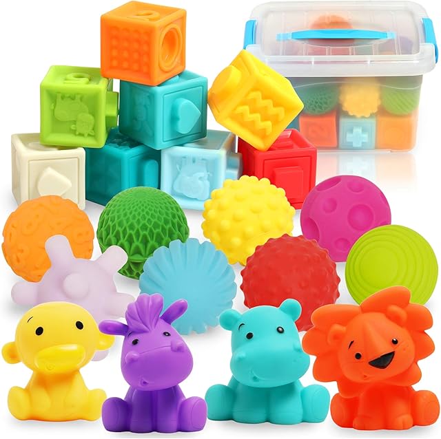LESONG Montessori Baby Sensory Toys 20 Pack with Box, Stacking Soft Play Blocks, Sensory Balls Bath Toys, Educational Squeeze Silicone Building Blocks with Numbers Animals Shapes Textures