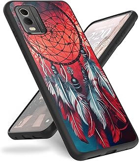 Case for Nokia C32 Phone Case 6.5",Slim Anti-Scratch Shockproof Durable Black Silicone Protective Cover Case for Nokia C32 2023,Dream Catcher Red Feathers