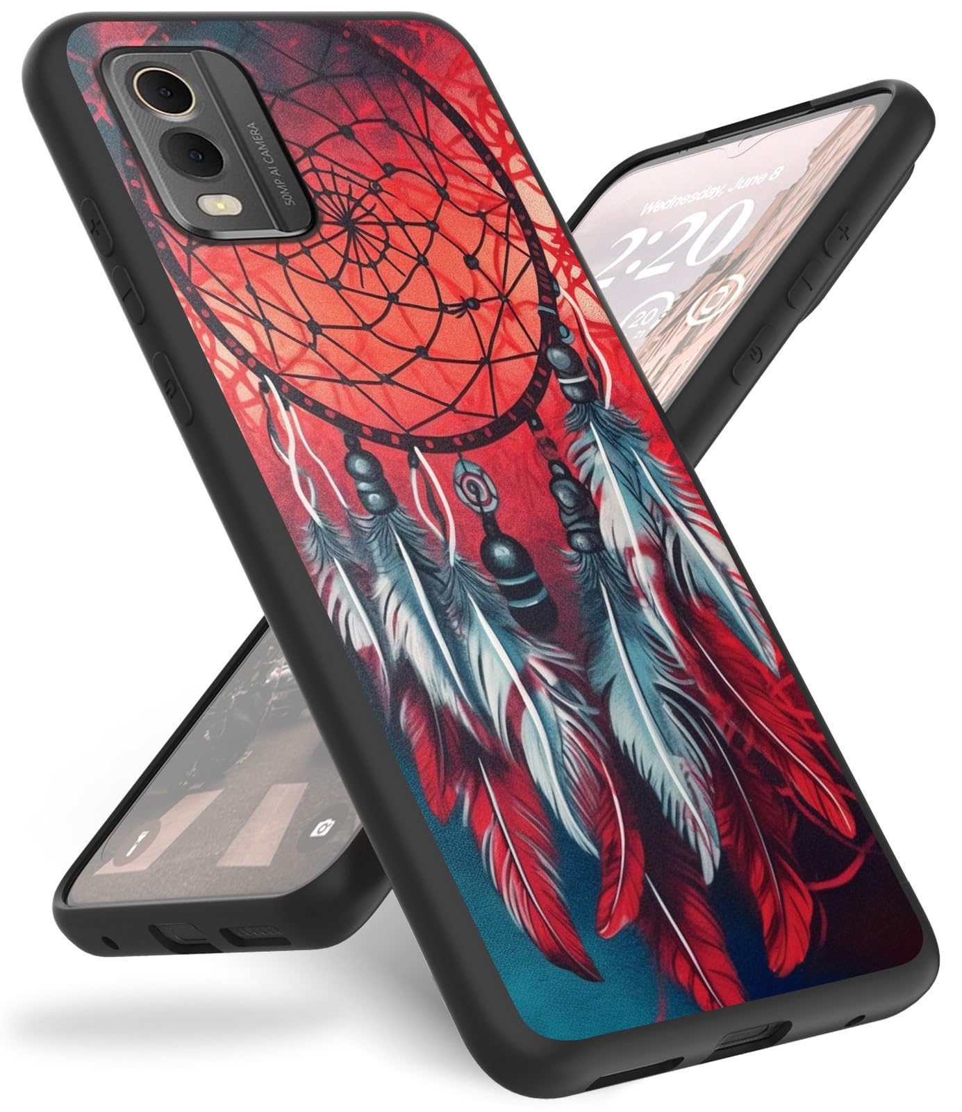 Case for Nokia C32 Phone Case 6.5",Slim Anti-Scratch Shockproof Durable Black Silicone Protective Cover Case for Nokia C32 2023,Dream Catcher Red Feathers
