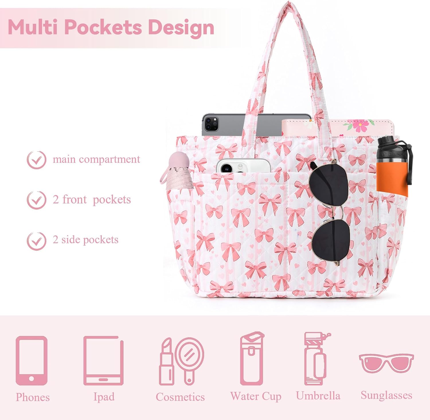 Puffy Tote Bag for Women, Cute Bow Tote, Quilted Shoulder Bag, Large Handbag for Travel Work Gym - Image 4