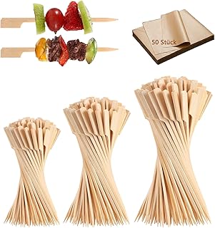 HSYTEK 150 Stück Bambus Spieße, 9cm/12cm/15cm Fingerfood Spieße mit 50 Ölabsorptionspapier, Cocktailspieße für Grillen, Vorspeisen, Cocktails, Obst und Sandwiches auf Party, Hochzeiten, Geburtstage