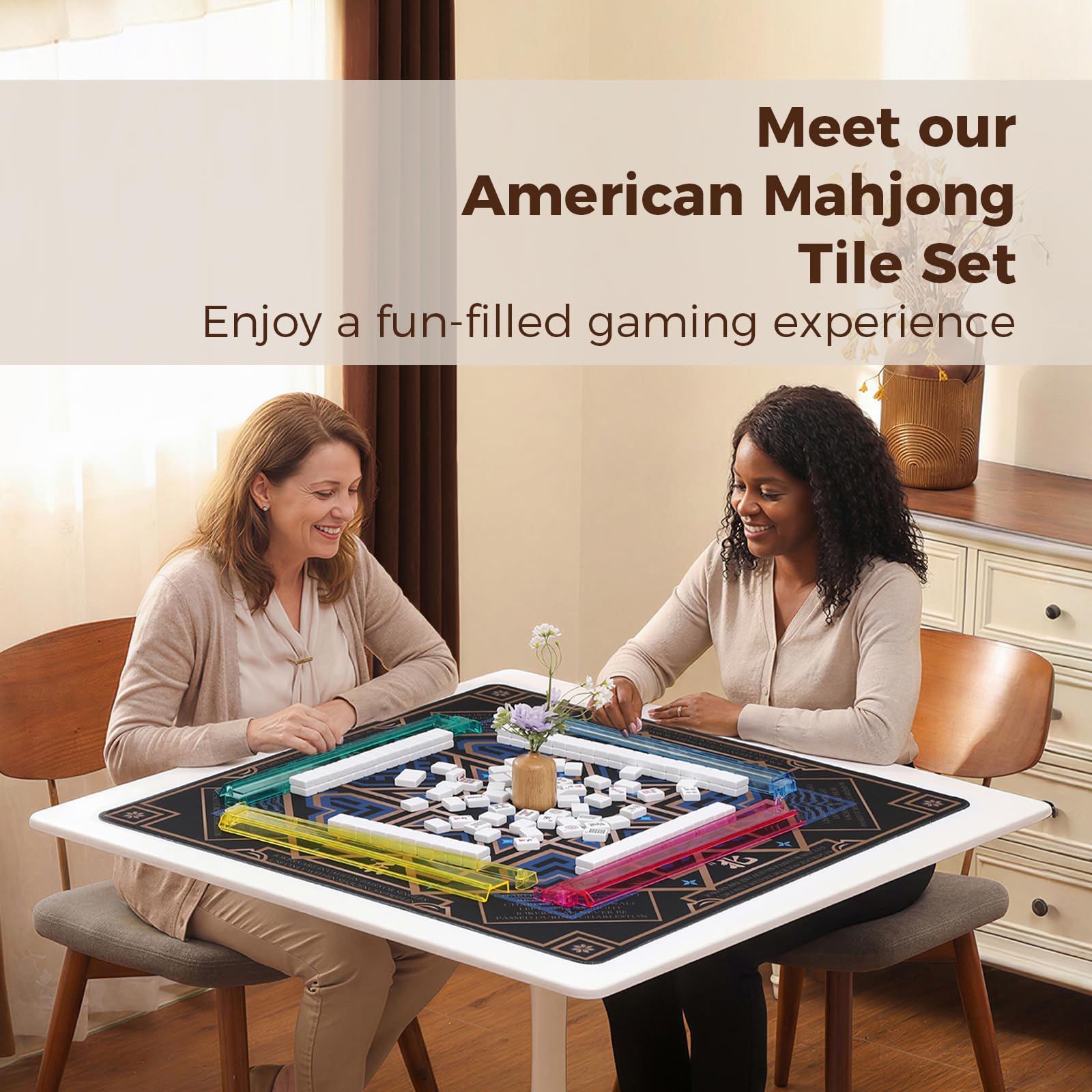 Set di piastrelle American Mahjong con borsa per il trasporto stampata arancione, 166 piastrelle bianche premium, 4 rack all-in-one colori/pusher, set Mah Jongg, set completo da gioco Mahjong
