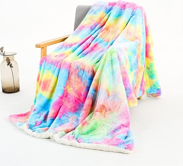 STYHO Tie-Dye Rainbow Sherpa Fleece Reversible Sofa Bed Single Blanket Ultra Soft Thick Fluffy Cozy Warm Blanket Throw(Rainbow,130 x 160cm)