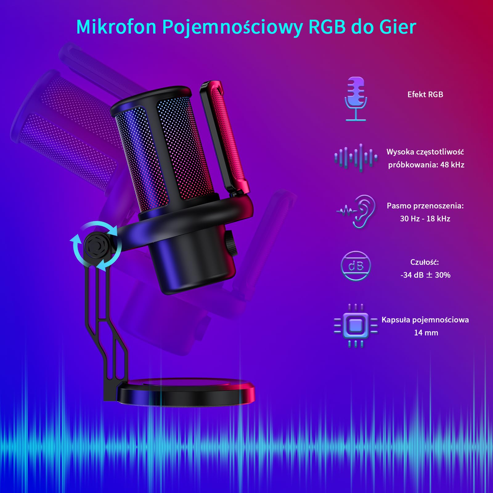 K KASONIC Mikrofon Gamingowy z Oświetleniem RGB, USB Mikrofon Pojemnościowy z Filtrem Pop dla PC, Szybkie Wyciszenie i Redukcja Szumów, Zestaw Mikrofonu Biurkowego dla PS4/5