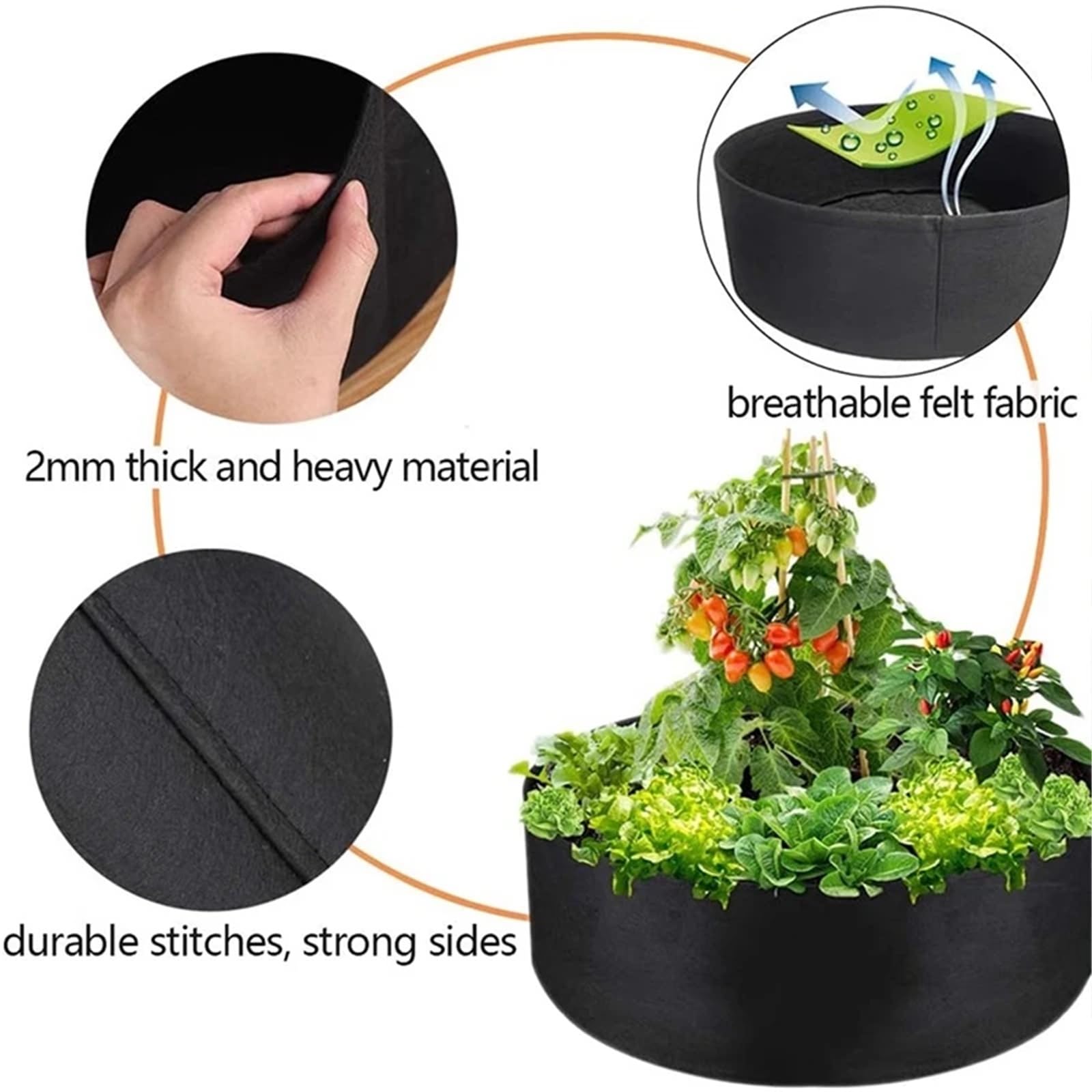 Bolsa de Cultivo Fieltro for jardín, Bolsa Redonda for Plantar, Transpirable, Fresa, Verduras, Tomate, Accesorios for y Patio al Aire Libre, 3 uds para Verduras(Green,60cmx20cm)