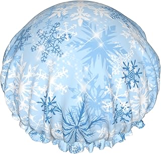 Winter Snowflakes Shower Caps Blue White Snowflakes Hair Caps for Shower Dual-Layer Waterproof Bath Hat Elastic Reusable Hair Hat for Shower Cooking Clean Makeup Travel