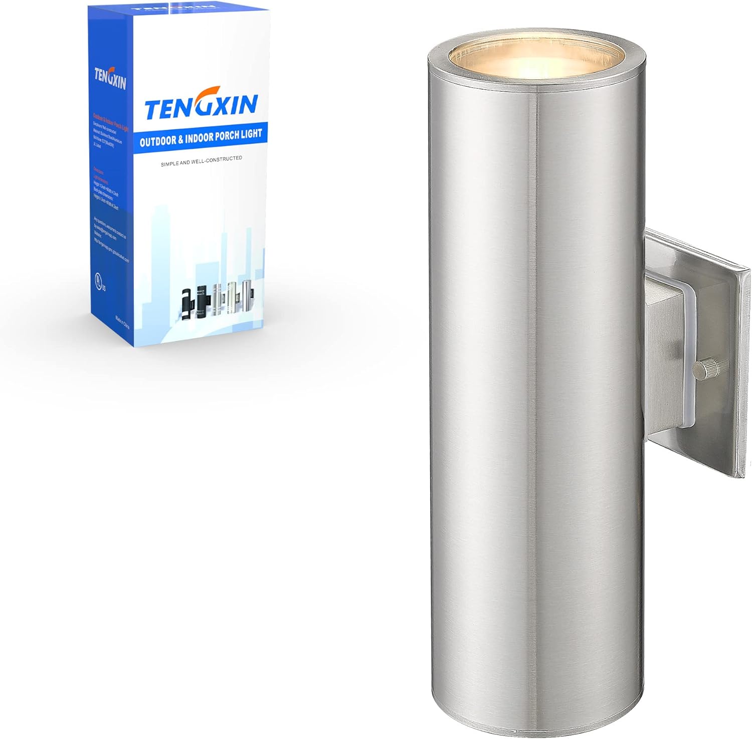 TENGXIN Outdoor Wall Sconce,Up Down Wall Light Fixture with Stainless Steel Cylinder,Outdoor Lights for House,Patio,Yard,Front Door,Brushed Nickel