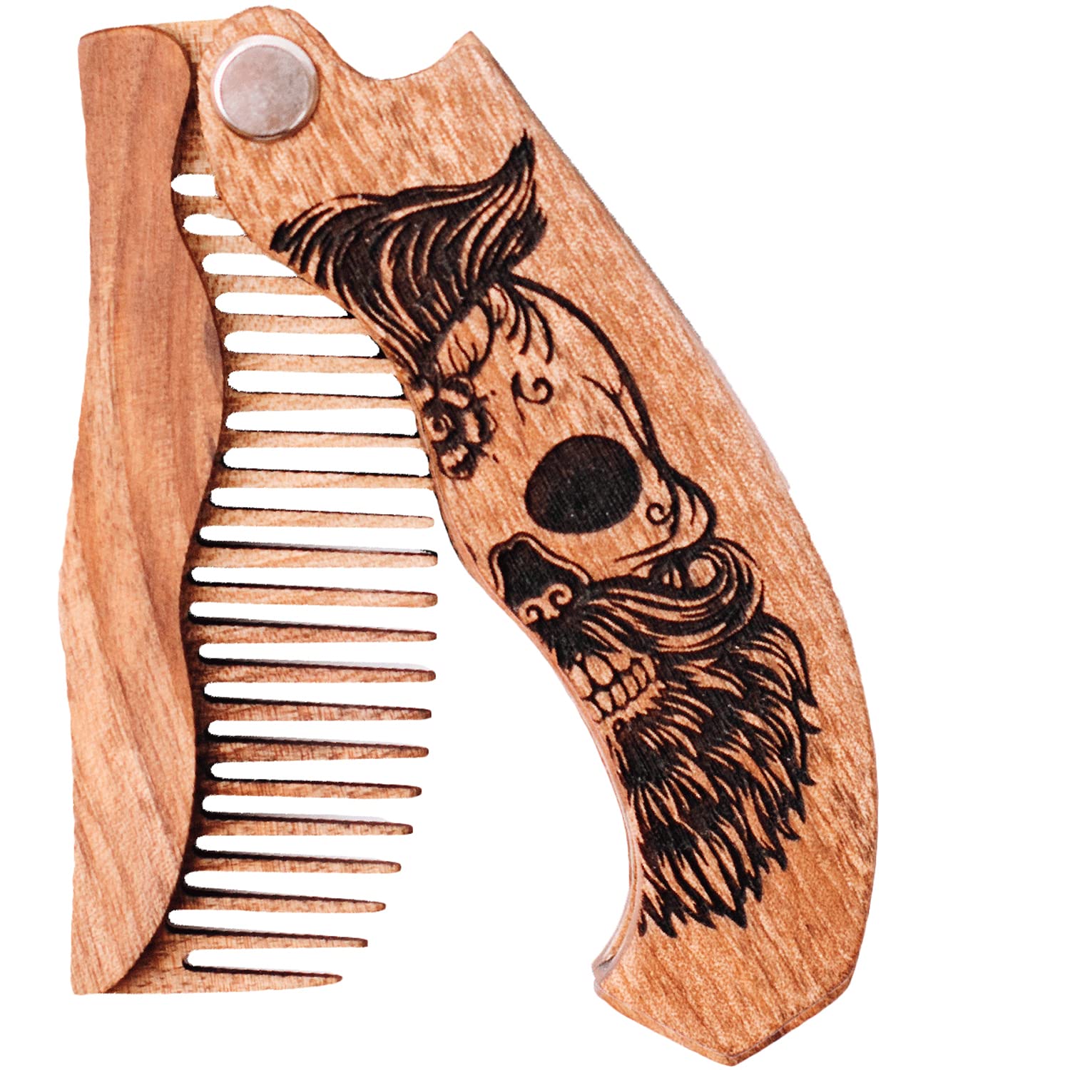 Wooden Beard Comb for Men - Personalized Folding Pocket Comb for Moustache Beard & Hair Walnut Combs Engraved (Half Skull)