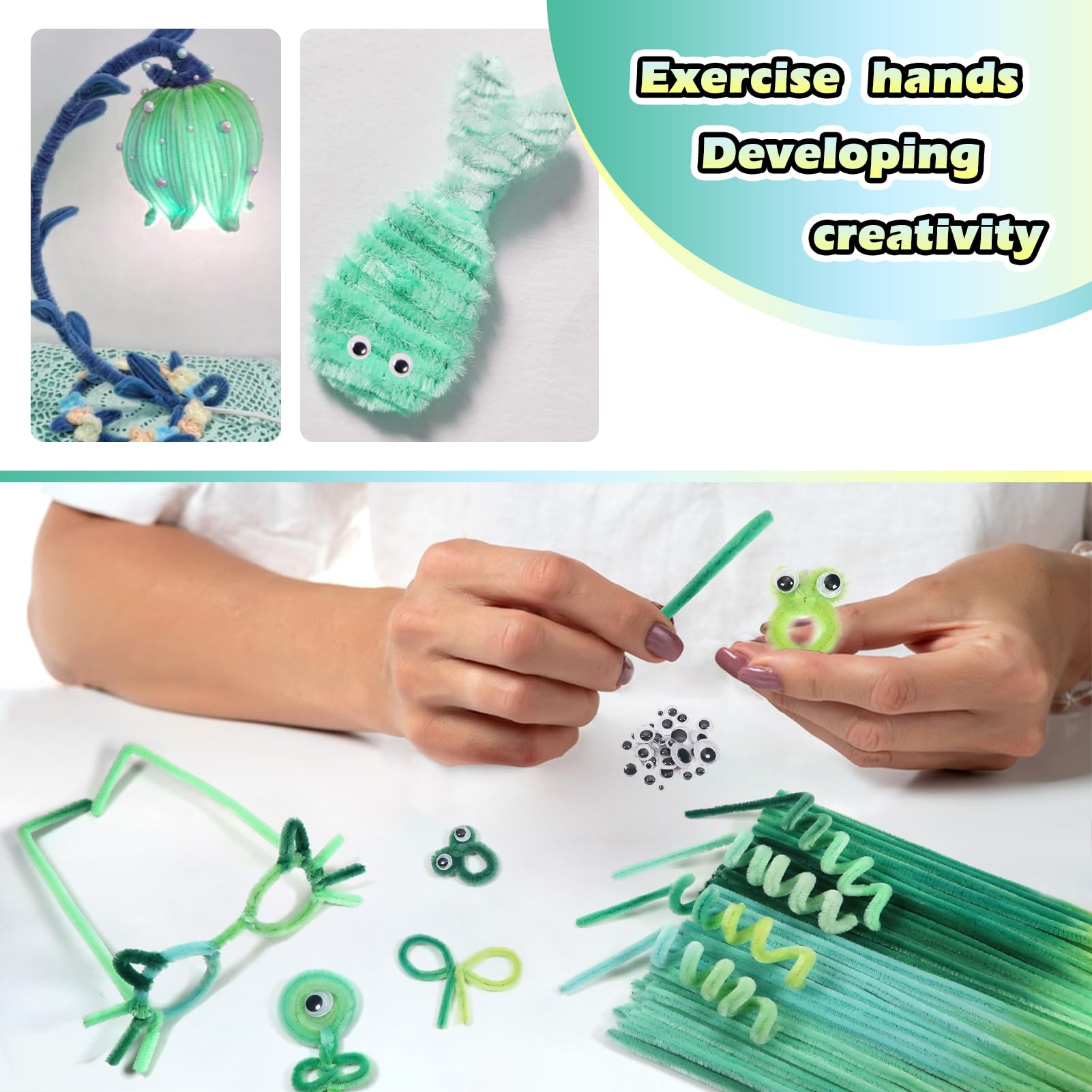 100 Scovolini Ciniglia Verdi + 100 Occhi Mobili Adesivi - Per Lavoretti Fai Da Te, Bambole E Decorazioni - Foto 3