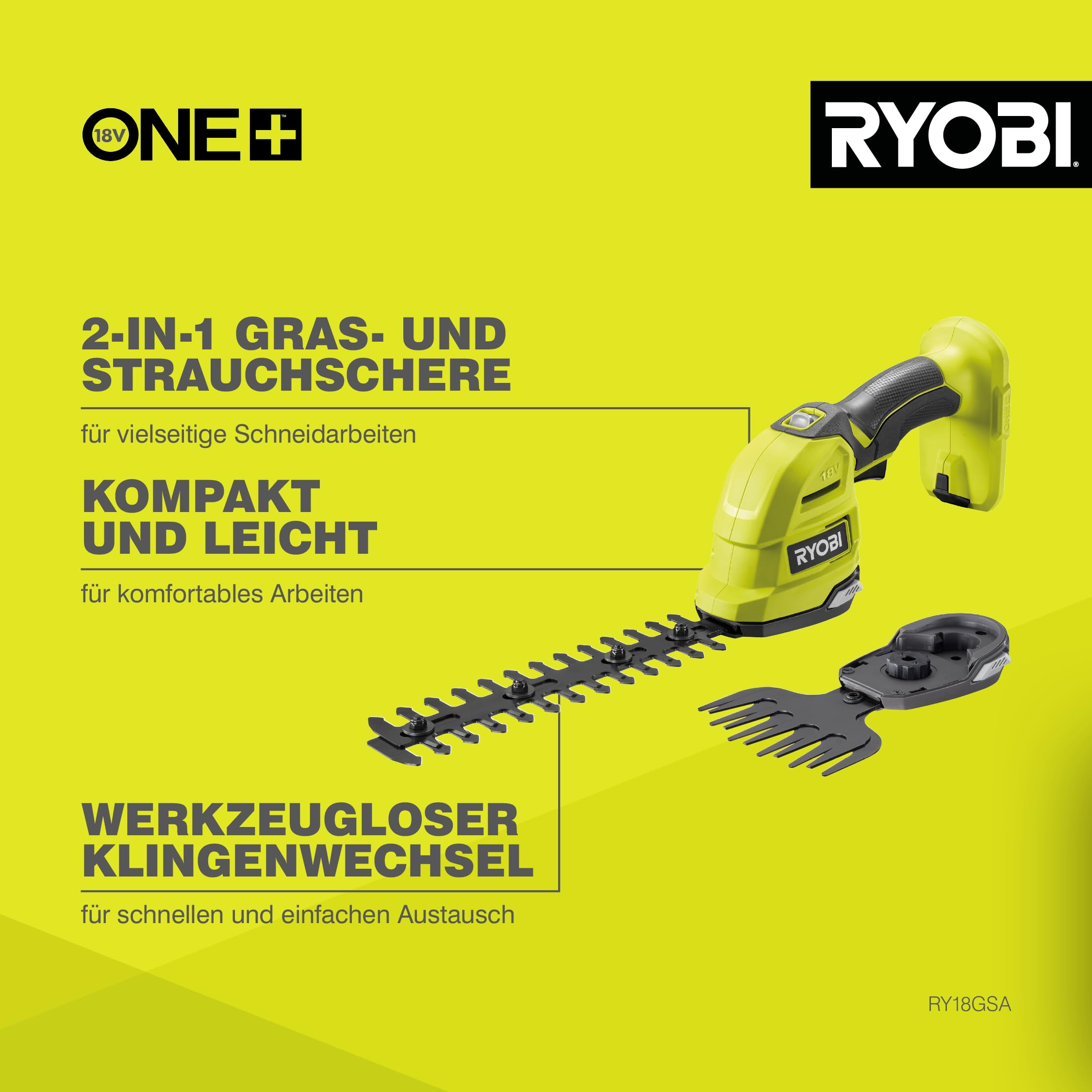 RYOBI 18 V ONE+ Akku-Gras- und Strauchschere RY18GSA-0 (Grasscherenmesser 12 cm breit, Strauchmesser 20 cm lang, werkzeuglose Messertausch, ohne Akku & Ladegerät im Karton)