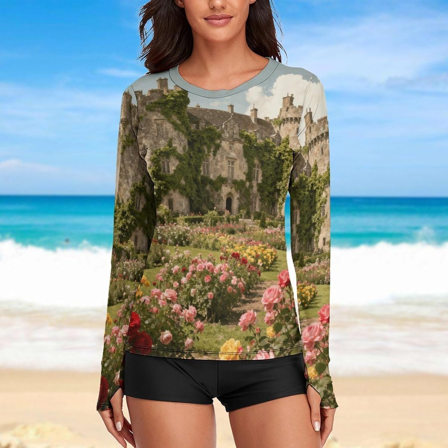 Castle with Flowers Womens UPF 50+ Sun Protection Shirts Long Sleeve Rash Guard Quick-Dry Athletic Tops M