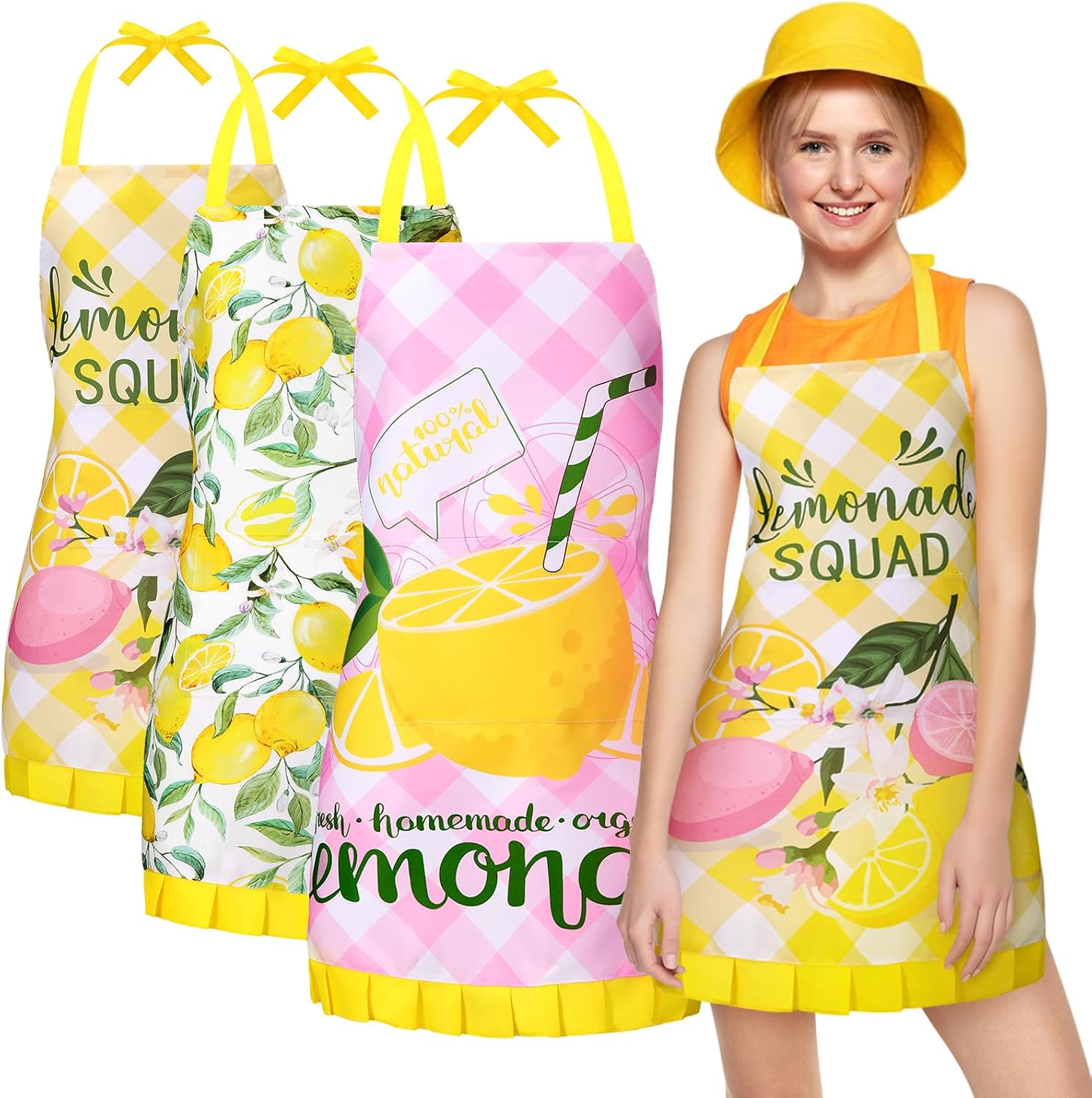 Cutecrop 3 Pcs Lemon Kitchen Apron Painting Baking Cooking Adjustable Apron, Lemonade Costume Accessories Holiday Decorations Party Supplies Decor