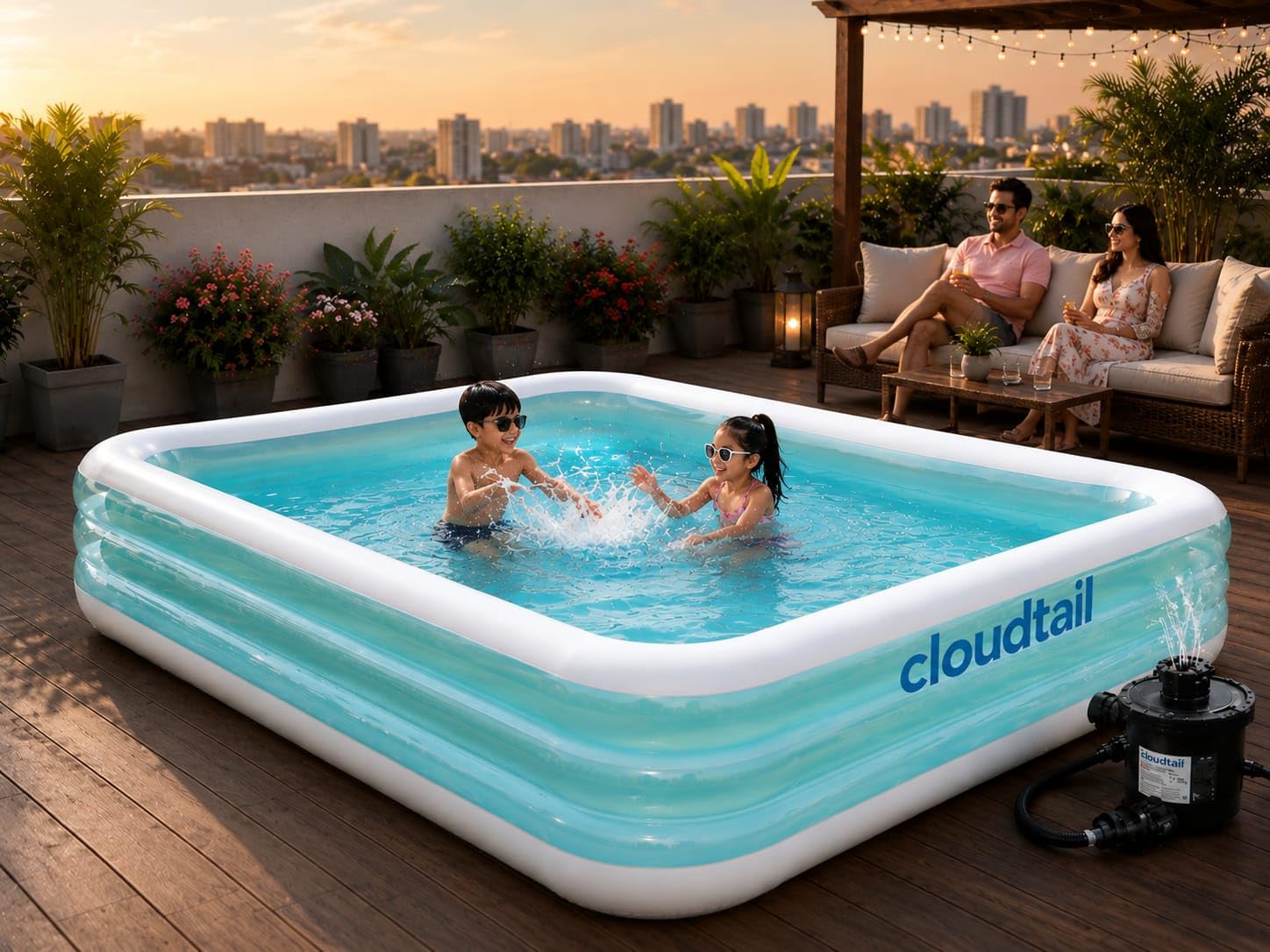 10 Feet Rectangular Inflatable Pool with Electric Pump Full-Sized Swimming with Family Bathtub for Kids Adults Outdoor Backyard Garden Summer (Blue)-picture-30
