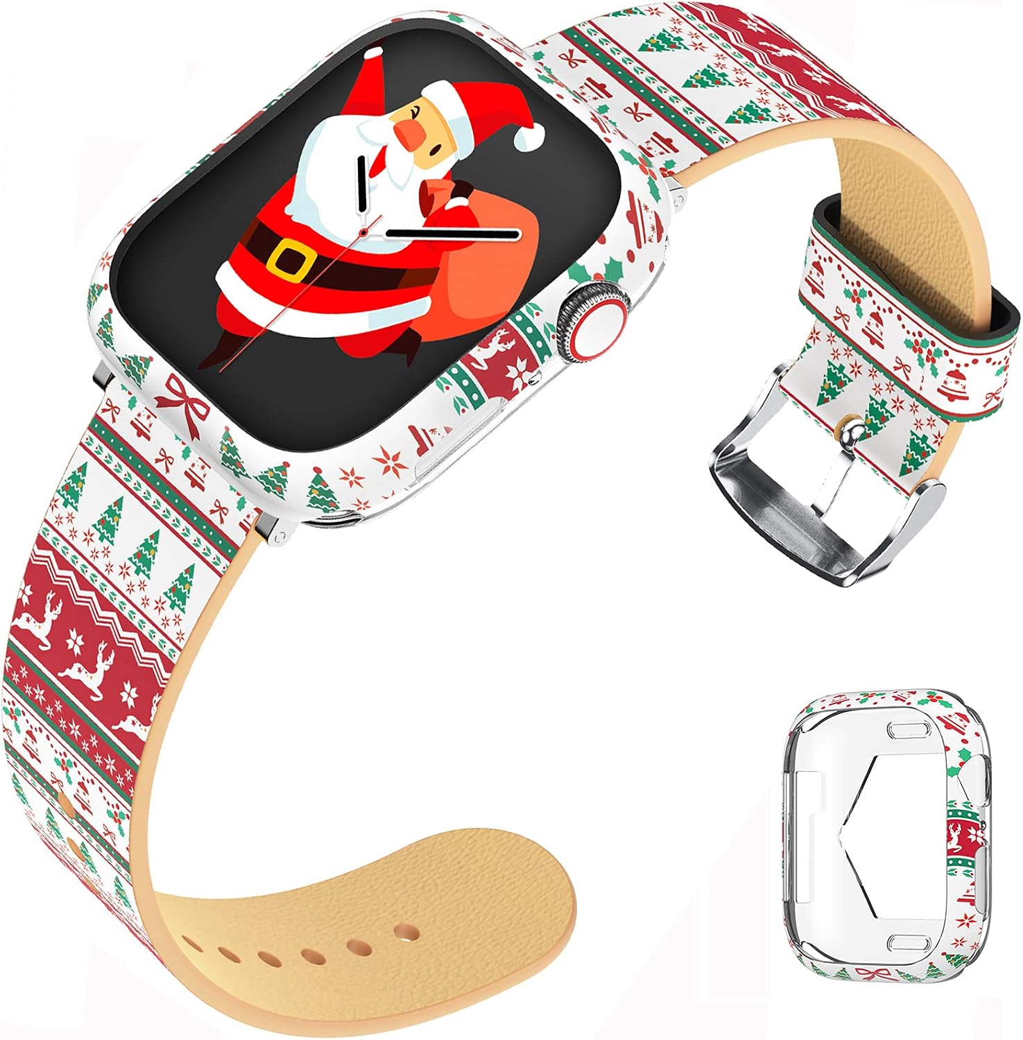Tensea for Christmas Apple Watch Band 45mm 44mm 42mm with Bumper Case, iWatch Leather Strap Wristbands & Protective Soft TPU Case for Women Men, i Watch Accessories SE Series 7 6 5 4 3 2 1, Xmas Gift