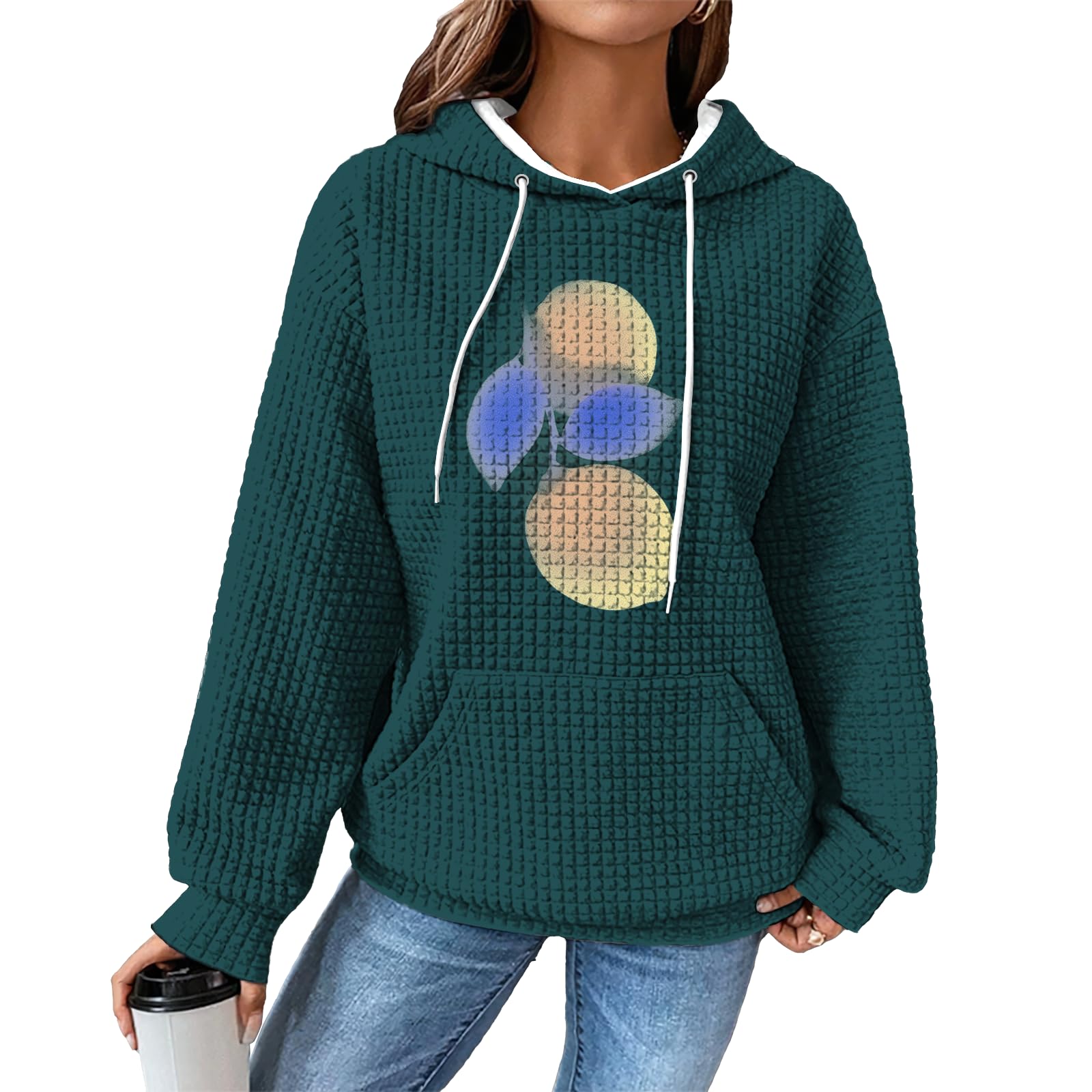- Waffle Hoodie Women Funny Oversized Pullover With Pocket Long Sleeve Comfy Vintage Street Wear Fall Basic Clothes