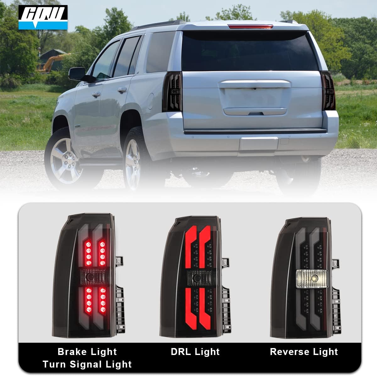 CPW LED Tail Lights Assembly Fit For 2015 2016 2017 2018 2019 2020 Chevrolet Tahoe/Suburban, Functional Rear Brake Lamp Taillights Replacement Driver & Passenger Tail Lights Black Housing Smoke Lens
