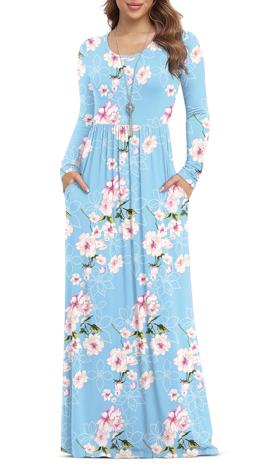 AneluneDresses for Women Long Sleeve Loose Plain Plus Size Maxi Dresses Casual Long Dresses with Pockets（S-3XL）