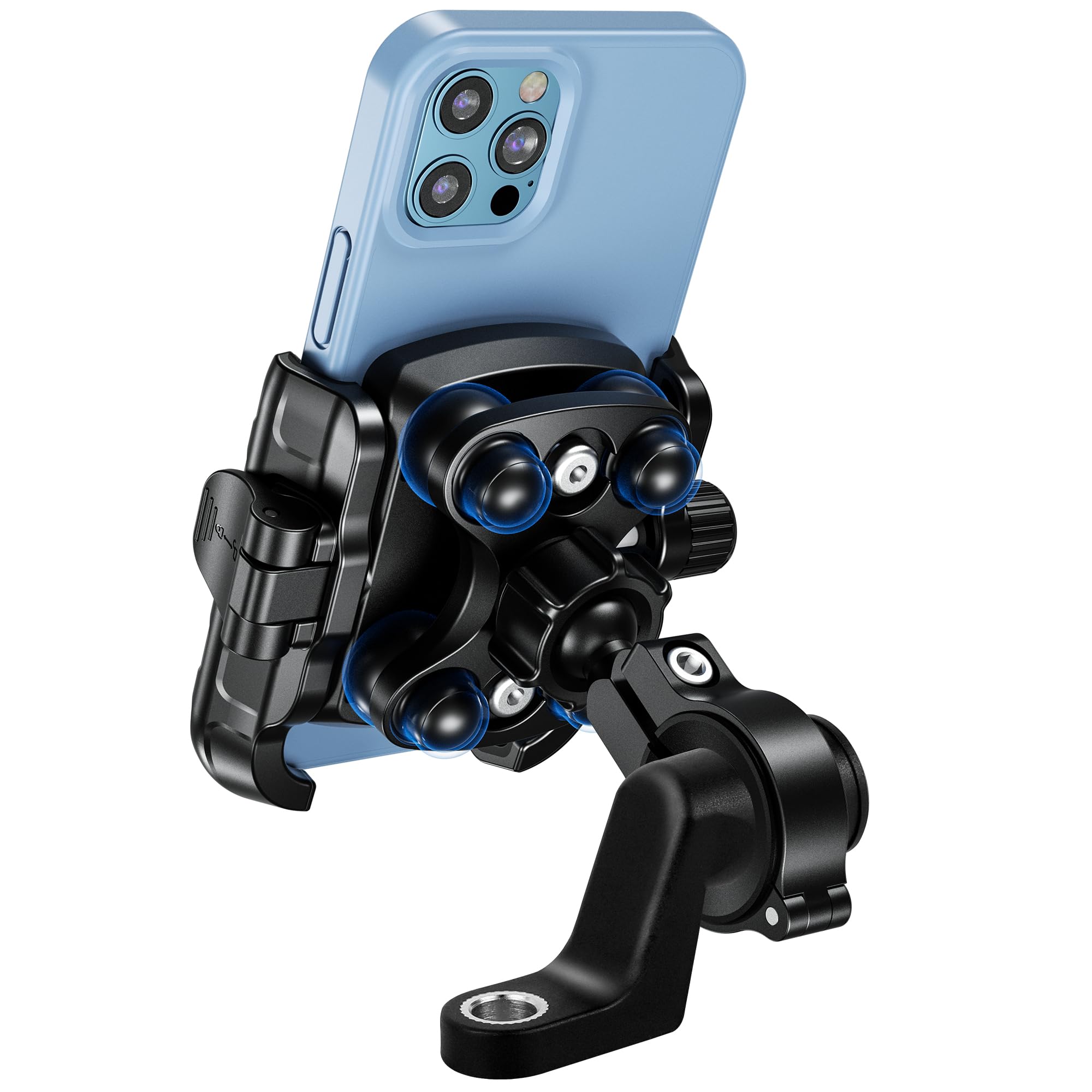Motorbike Phone Holder Anti Vibration CNC Aluminium Handlebar Rear View Mirror Mount 12-14mm Bar Quick Release Open Design Camera Access Fits Motorcycle Scooter Bike Electric Scooter 360° Rotation