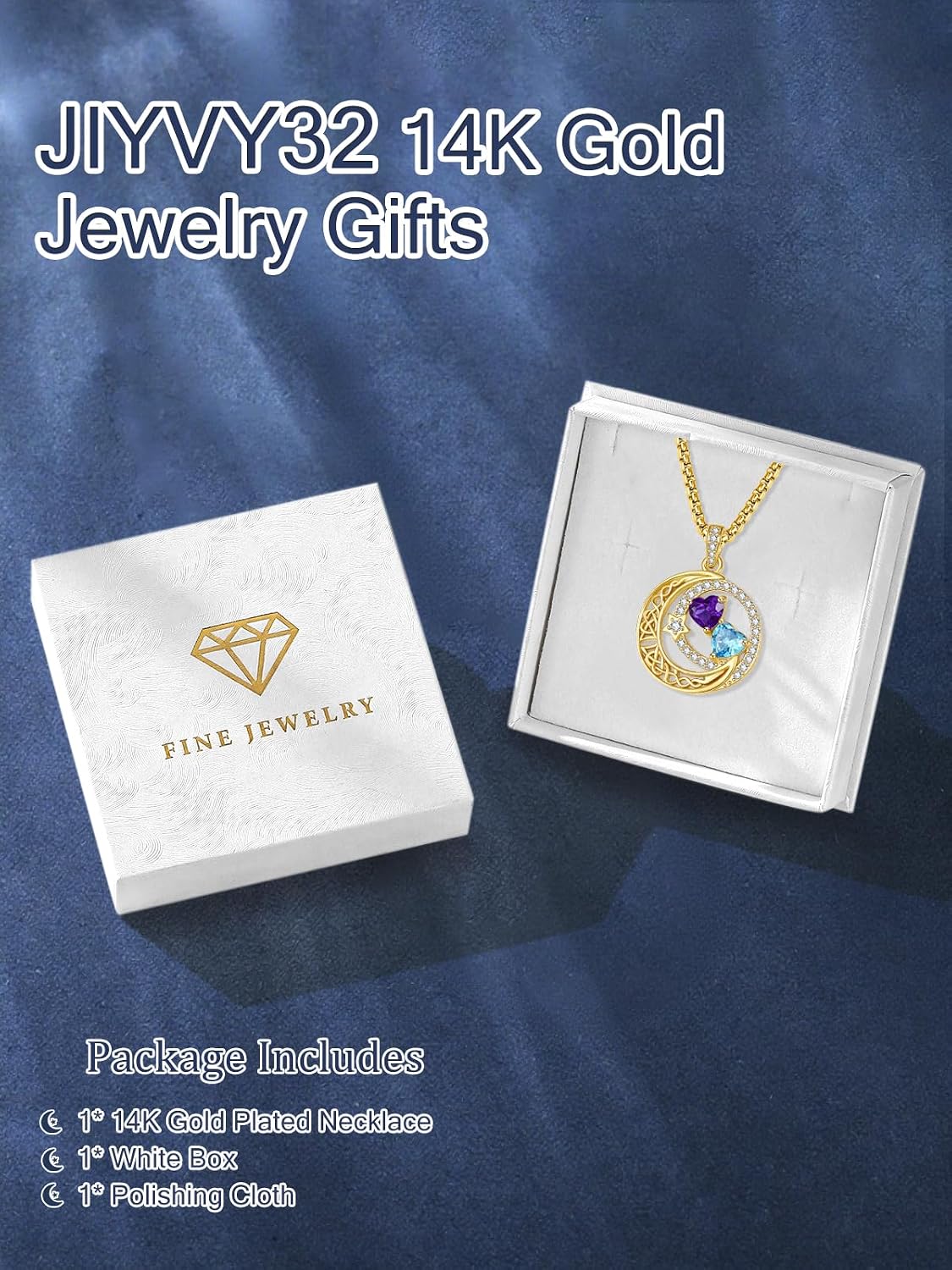 14k Gold Plated Moon and Star Necklace for Women Double Birthstone (Feb Amethyst and Mar Aquamarine), Perfect Wedding Anniversary Birthday Gift, Mothers Day Gift
