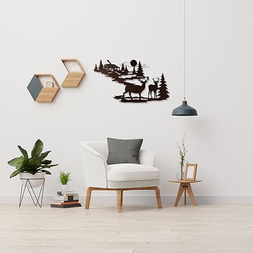 Miniatura 5 de Arte de pared de metal de Prime Goods. Decoración estética de habitación. Retiro rústico. Decoración de pared de metal negro con cabaña de bosque y