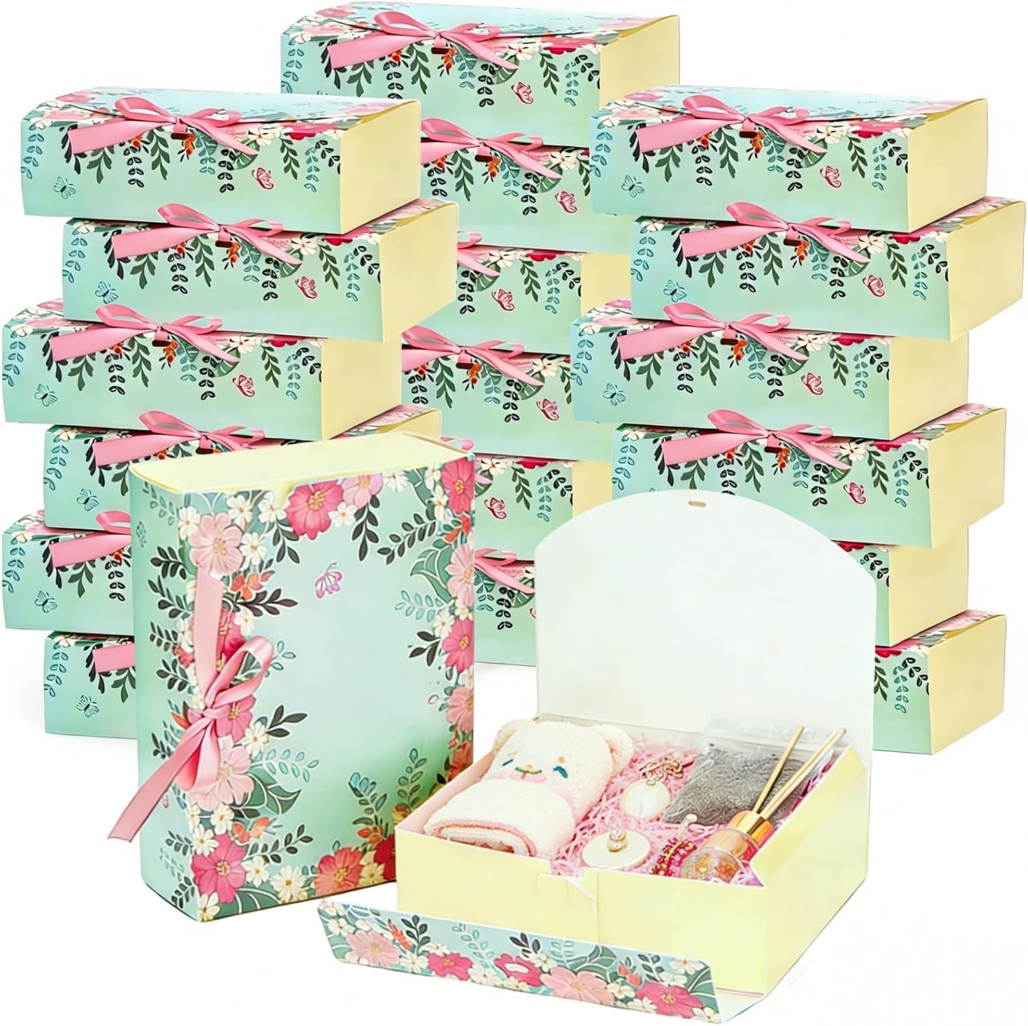 ZAVOOS 20 Pack Gift Boxes with Lids, 10.6 x 7.8 x 3.1 Inch Paper Floral Bridesmaid Proposal Box with Ribbon, Large Decorative Treat Boxes for Presents, Wedding, Mother's Day, Assembly Required