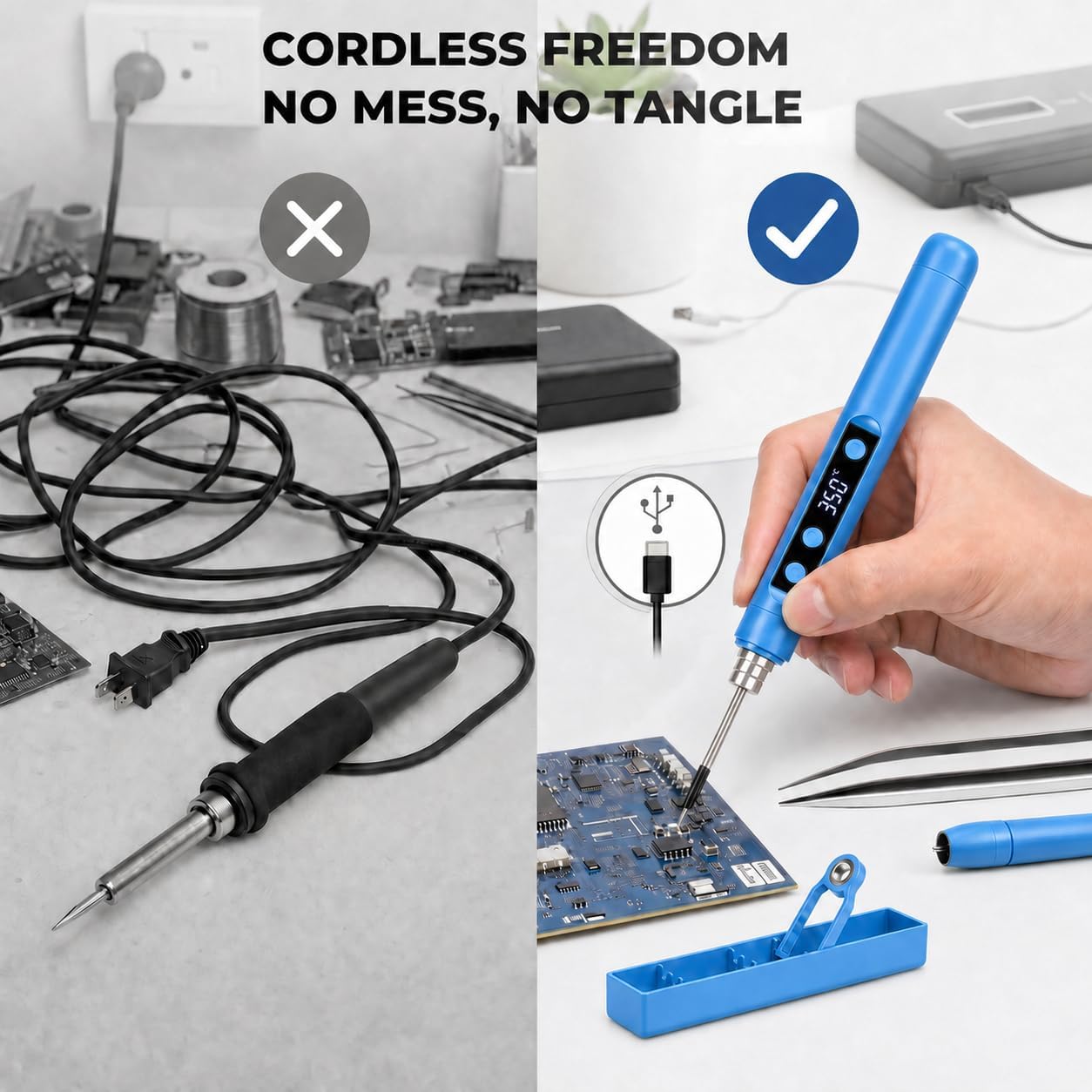 Cordless Soldering Iron, Digital Soldering Pen for Electronics, Blue | 10s fast heat, 180-450°C adjustable temperature and USB rechargeable design for circuit boards, wires, repairs and DIY