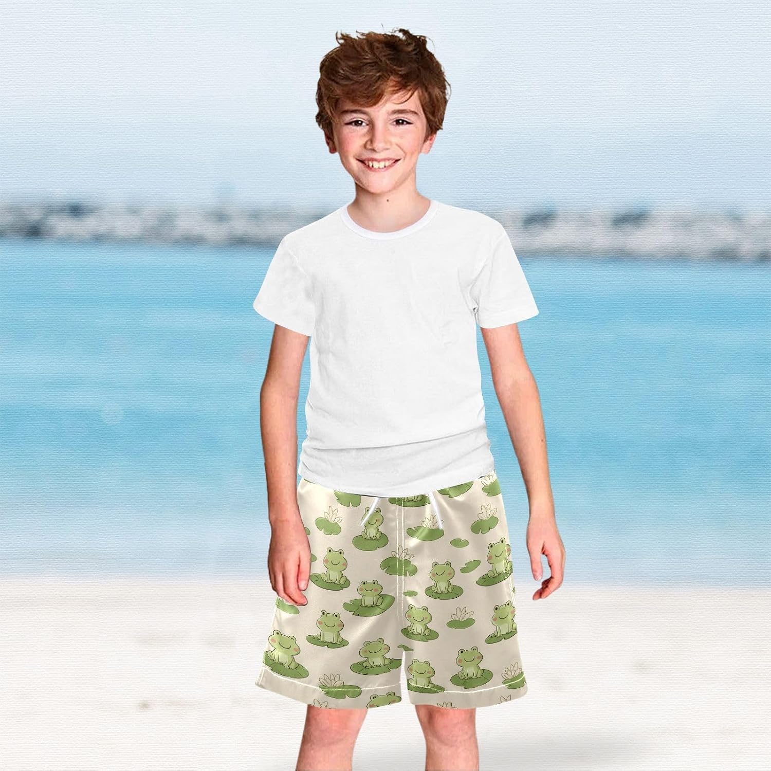 Boys Swim Trunks Green Frog Lotus Quick Dry Bathing Suit Swimsuit Toddler Beach Board Shorts Mesh Swimwear 2-12Y