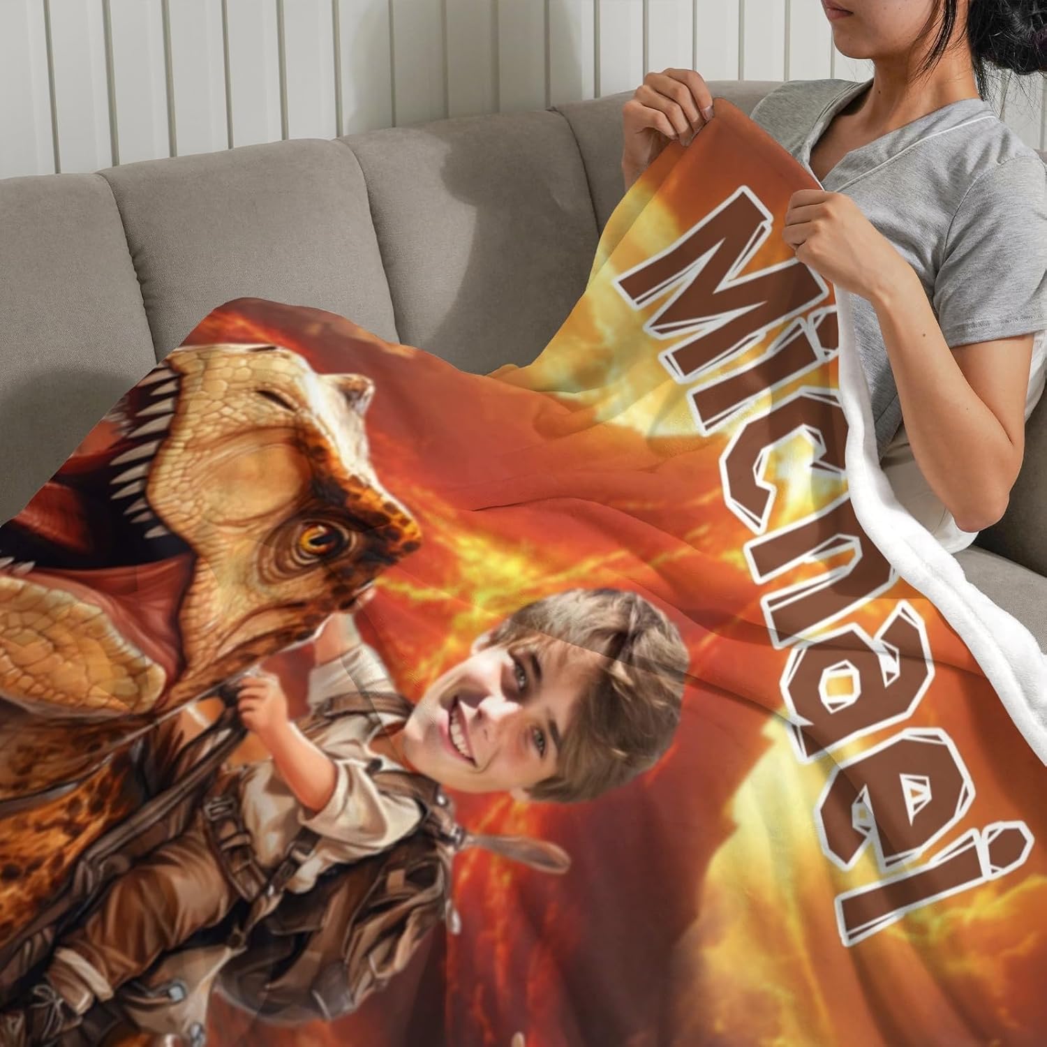 Personalized Dinosaur Blanket for Baby Boys, Custom Baby Blanket with Photo and Name, Personalized Dino Throw Blanket for Kids Newborn Toddlers, Dinosaur Gifts for Boys Teens Christmas Birthday Gifts