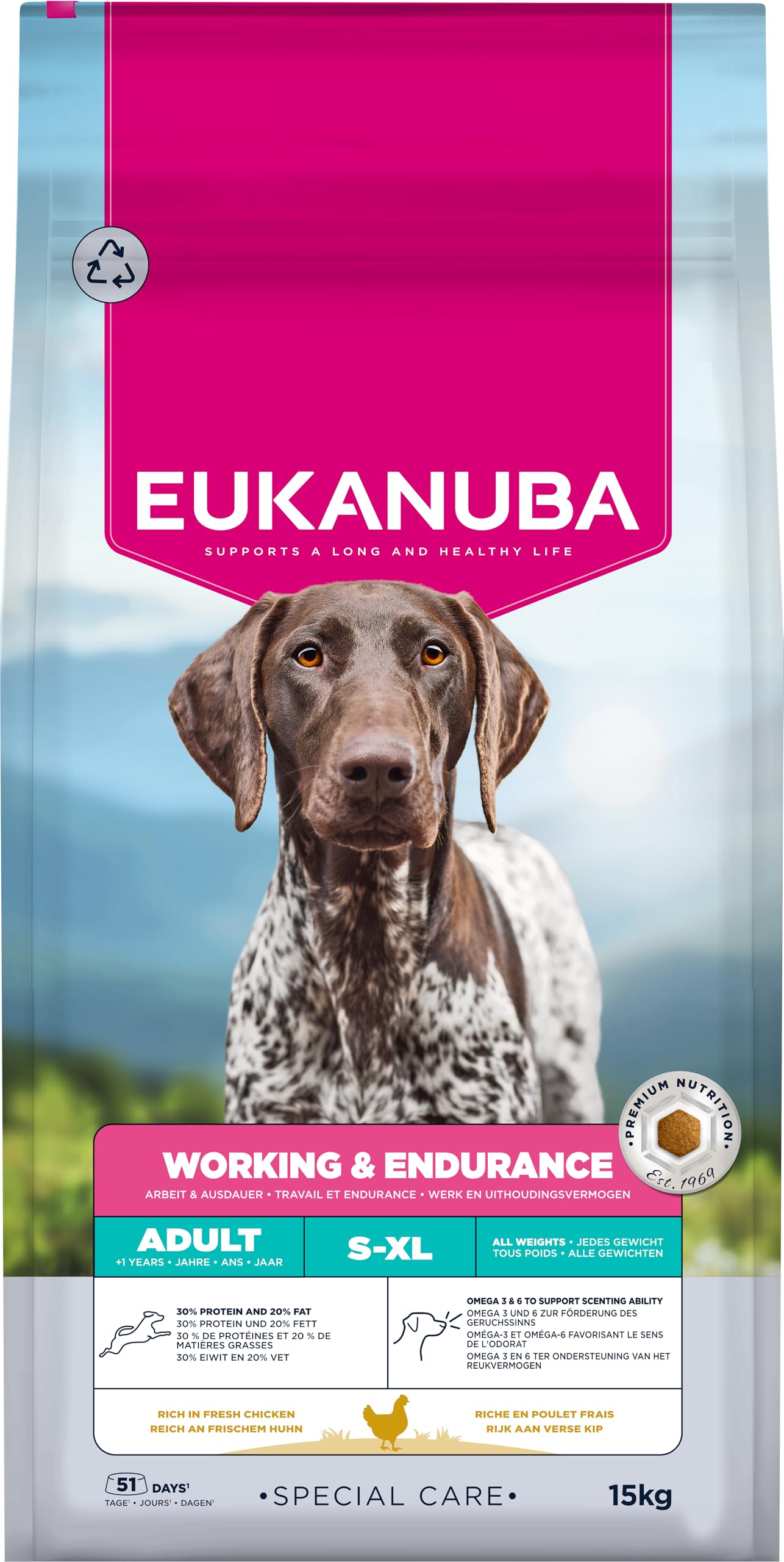 EUKANUBA Working & Endurance Cibo per cani con pollo fresco - Mangime secco Special Care ad alto contenuto energetico per cani da lavoro, cani da caccia e cagne in gravidanza o allattamento, 15 kg