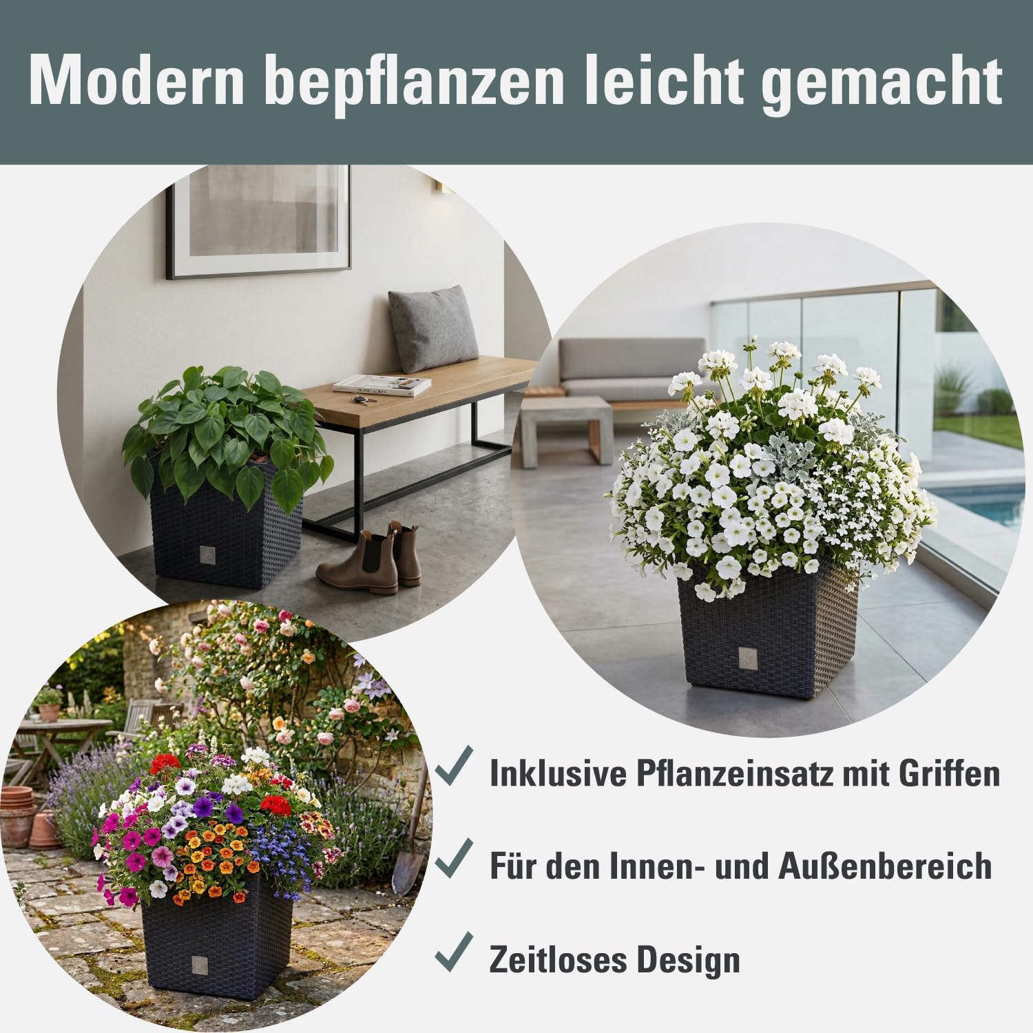 Prosperplast quadratisch Blumentopf in Rattan-Optik Rato Serie anthrazit Volumen 64 L, schwarz, 39 x 39 x 40,5 cm, DRTS400L-S433