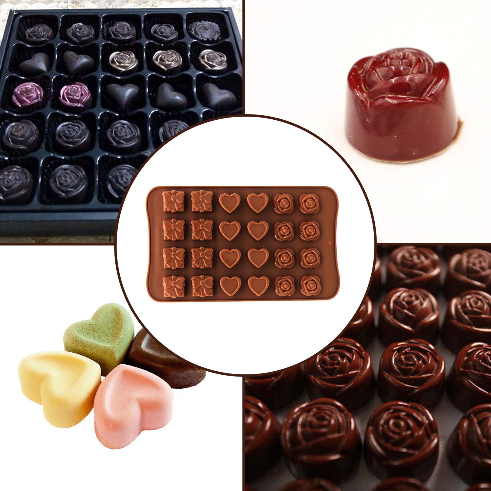 2 Stampini In Silicone Per Cioccolato - Forme Fiore, Rosetta E Cuore - Antiaderenti 23,5x14 Cm - Per Dolci E Ghiaccio