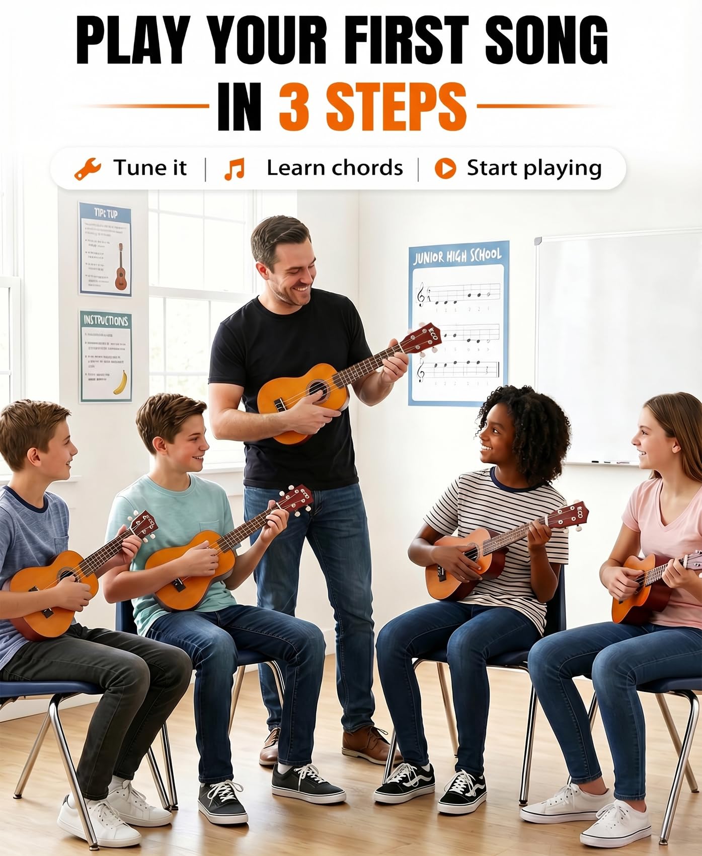 Kit per principianti di ukulele soprano per bambini e principianti, ukulele da 21 pollici con libro di canzoni, custodia, cinturino, accordatore, corde e plettri - Blu