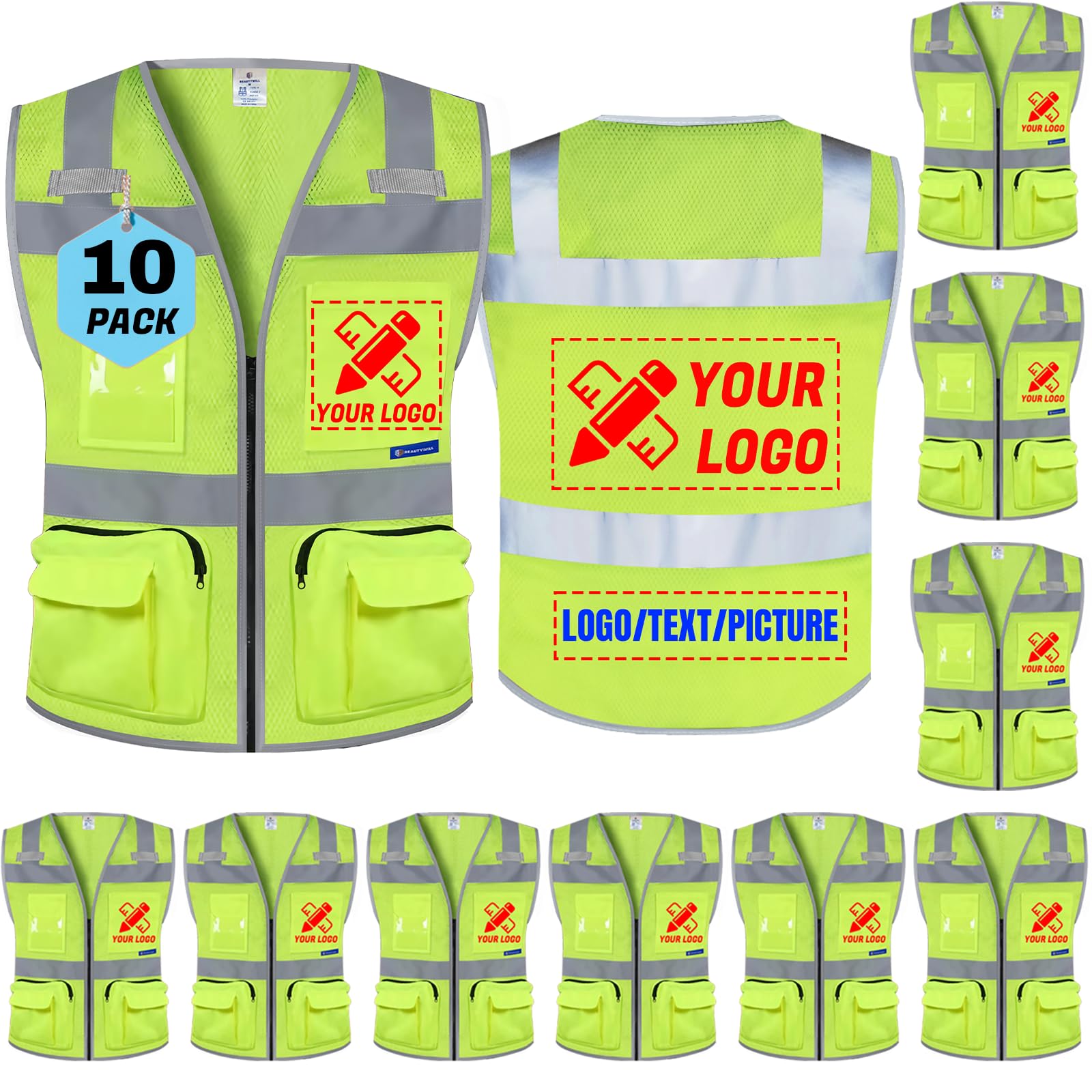 BeautyWill Custom Logo 10/20 Pack Safety Vest Class2 High Visibility Vest with Pockets Breathable Construction Vest Bulk