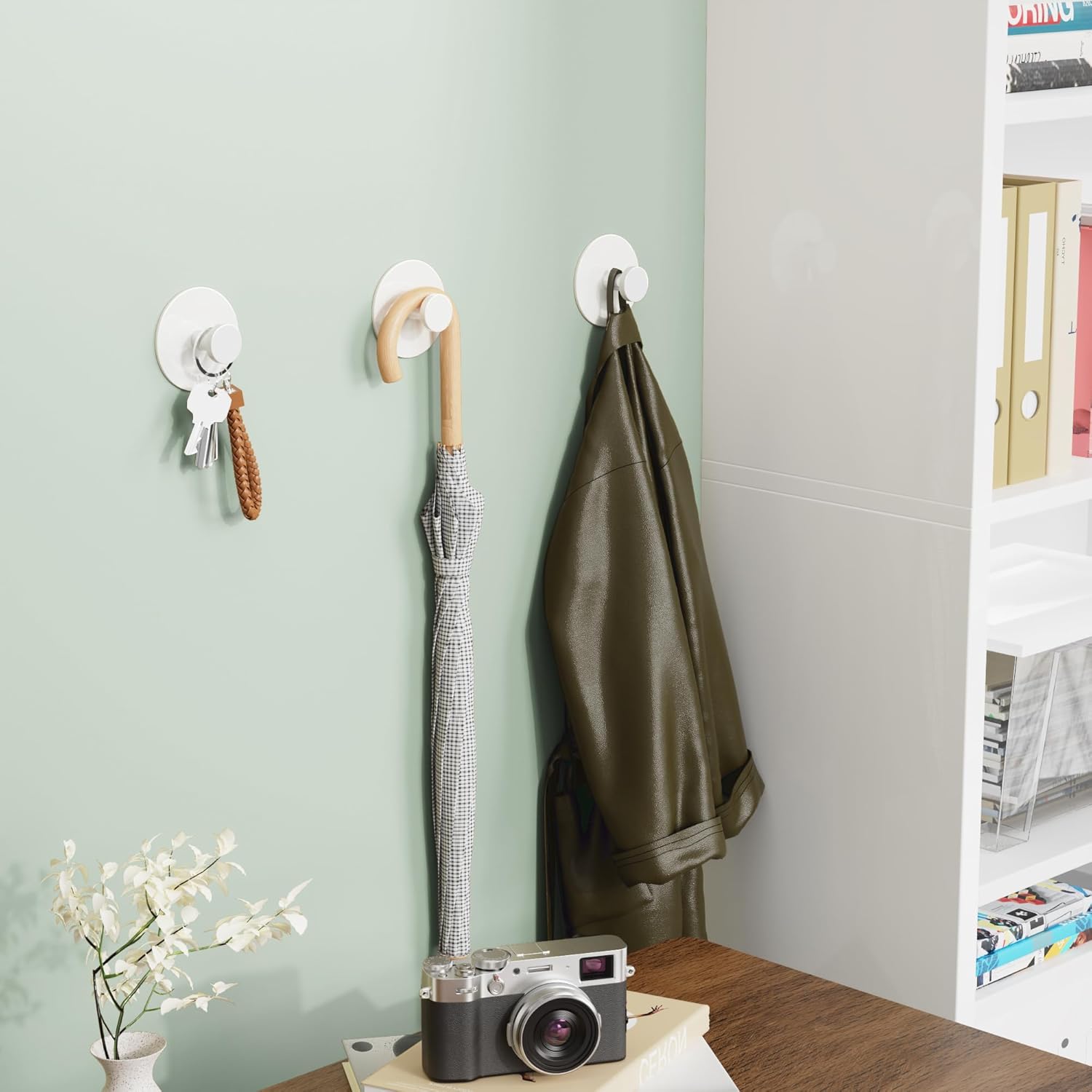 Wall Adhesive Hooks for Towel/Shower - No Damage Stick on Hanging Hook Heavy Duty for Bathroom, Door, Coat, White 6 Pack
