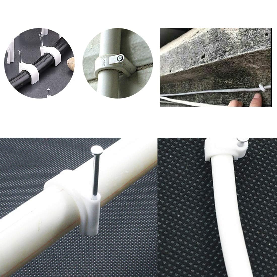 6 MM + 8 MM / 200 PCS Wire Fastener Cord Organizer Circle Cable Clip Tie Holder Protector with Metal Nail for Cable Management, Round Wire Clamp for Hanging Cable Fitting on Wall, White Color