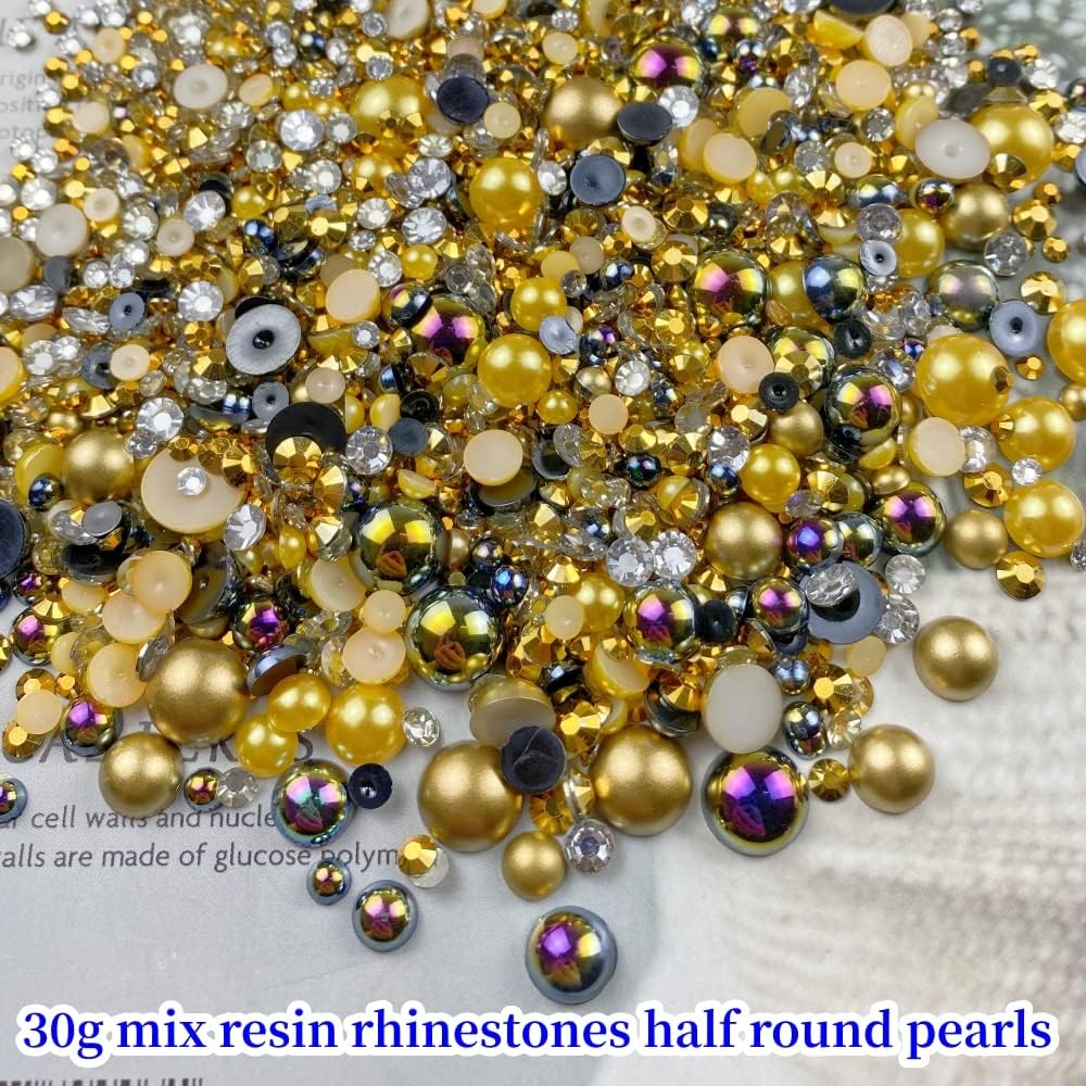 30g Half Pearl Rhinestones for Crafts Mixed Size 3mm-10mm Resin Rhinestone Half Round Flatback Pearl Rhinestones for DIY Nail Art Crafts Jewelry Decoration (Golden Black Series) - Image 2