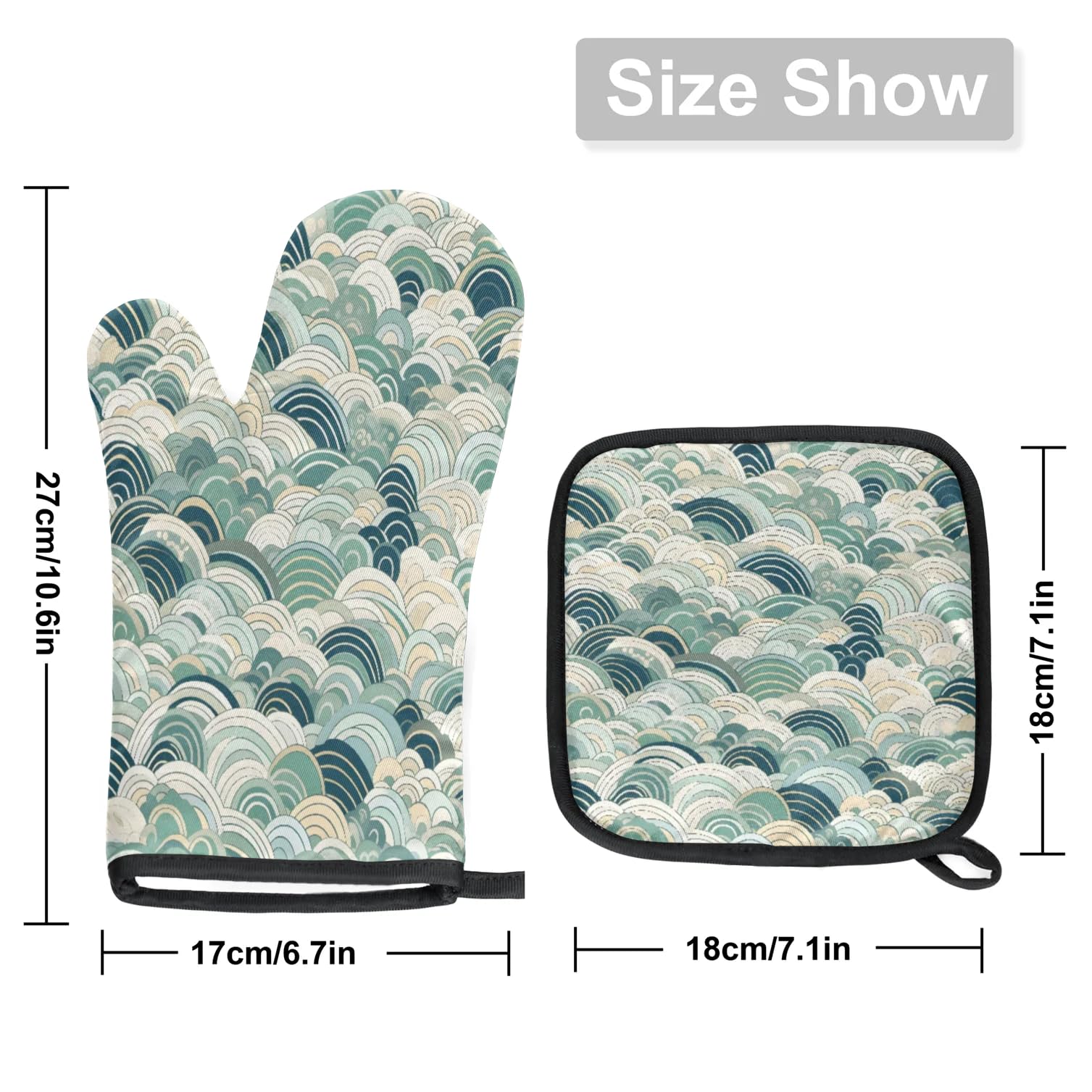 Abstract Ocean Ripple Oven Mitts Kitchen Oven Gloves for Cooking Baking Heat Proof Lining Cotton Kitchen Potholder Mittens Pot Holders Hot Pads for Chef Women Men