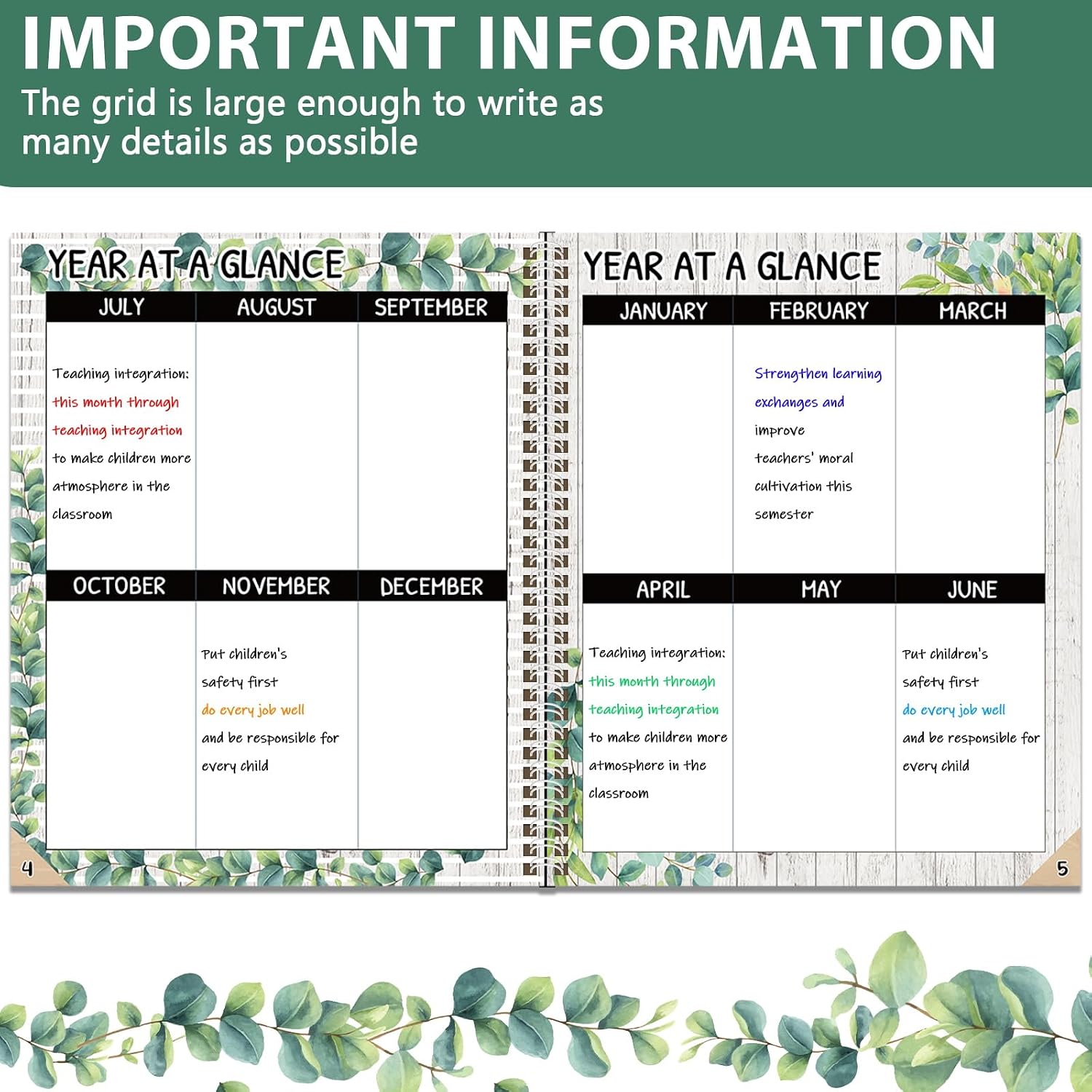 Eucalyptus Record Book Sage Greenery Teacher Record Book Green Leaves Office Supplies Favors Gift for Teacher Classroom Eucalyptus Decor Double-Sided Color Printing 9’’X11’’ (65 pages)
