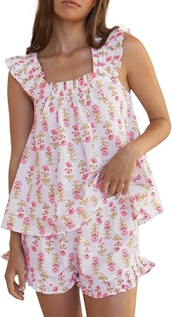 Farktop Womens Floral Print Pajama Sets Ruffle Trim Cami and Casual Shorts 2 Piece Lounge Set Pink Red, X-Large