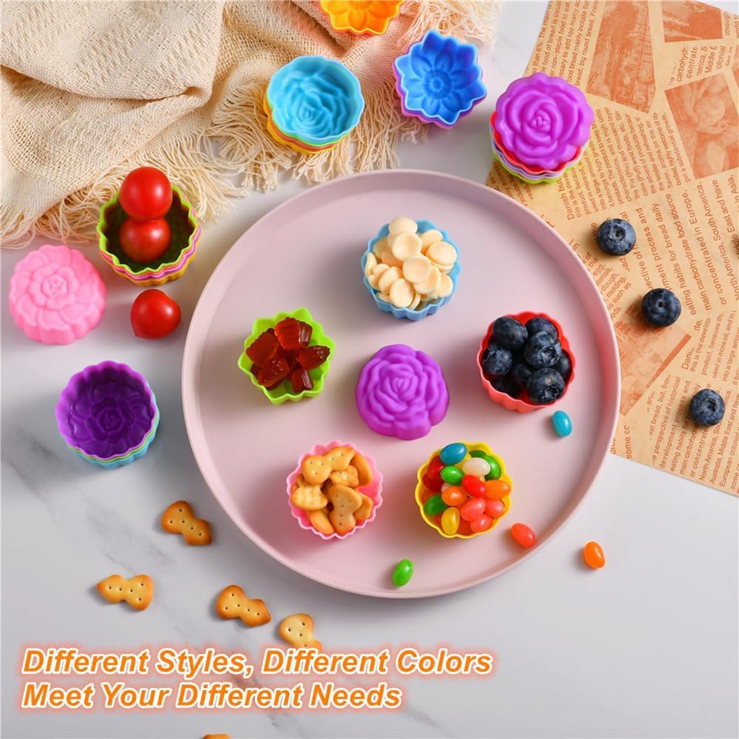 36 PCS Flower Shaped Baking Molds Silicone Food Grade Non Stick Mini Trays for Cupcakes Puddings Chocolates Must Have for Creative Kitchen Fun(6 Colors)