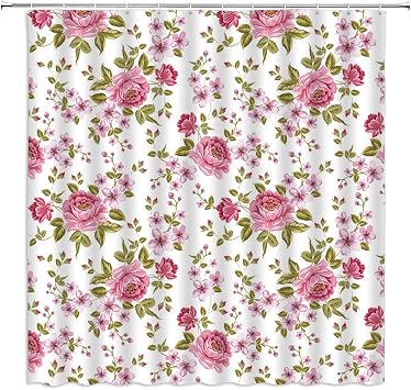Vintage Floral Shower Curtain Watercolor Pink Rose Chic Flower Green Leaves Romantic Retro Rustic Modern Fashion Style Girl Woman Art Print Fabric Bathroom Decor Set Include Hooks,59"Wx70"H