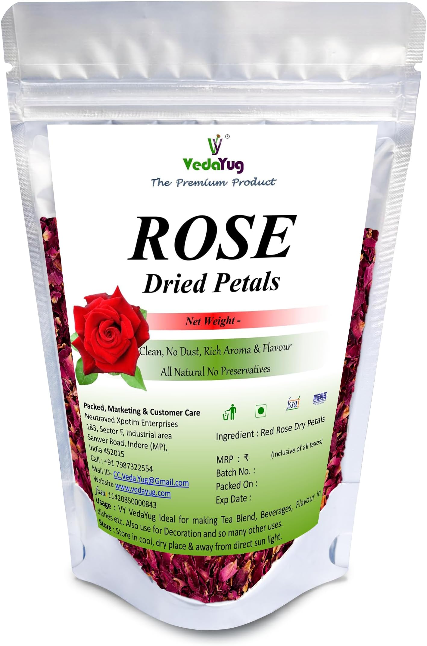 VY VedaYug Rose Petals, 100g | Gulab Patti (Petal) Soler Dried for decoration on Food and Skin Care | Herbal Tea Vit - C | Toppings for Indian Sweets - 100g