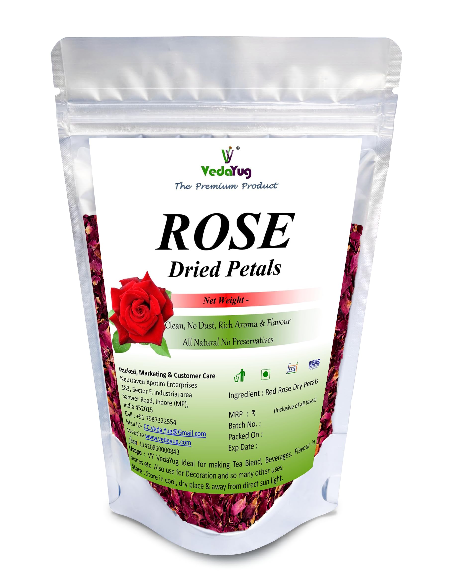 VY VedaYug Rose Petals, 100g | Gulab Patti (Petal) Soler Dried for decoration on Food and Skin Care | Herbal Tea Vit - C | Toppings for Indian Sweets - 100g