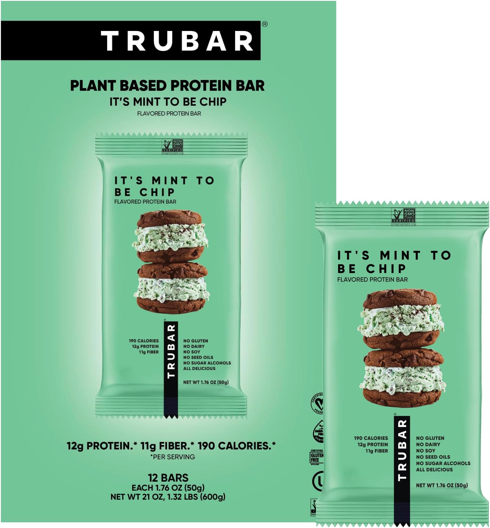 - Vegan Protein Bar,It's Mint To Be Chip, Gluten Free, Plant Based Protein, Dairy Free, Non GMO, Soy Free, No Sugar Alcohols, 12G Protein, 12G Fiber, 23G Carb, On the Go Snack Bars, 12ct