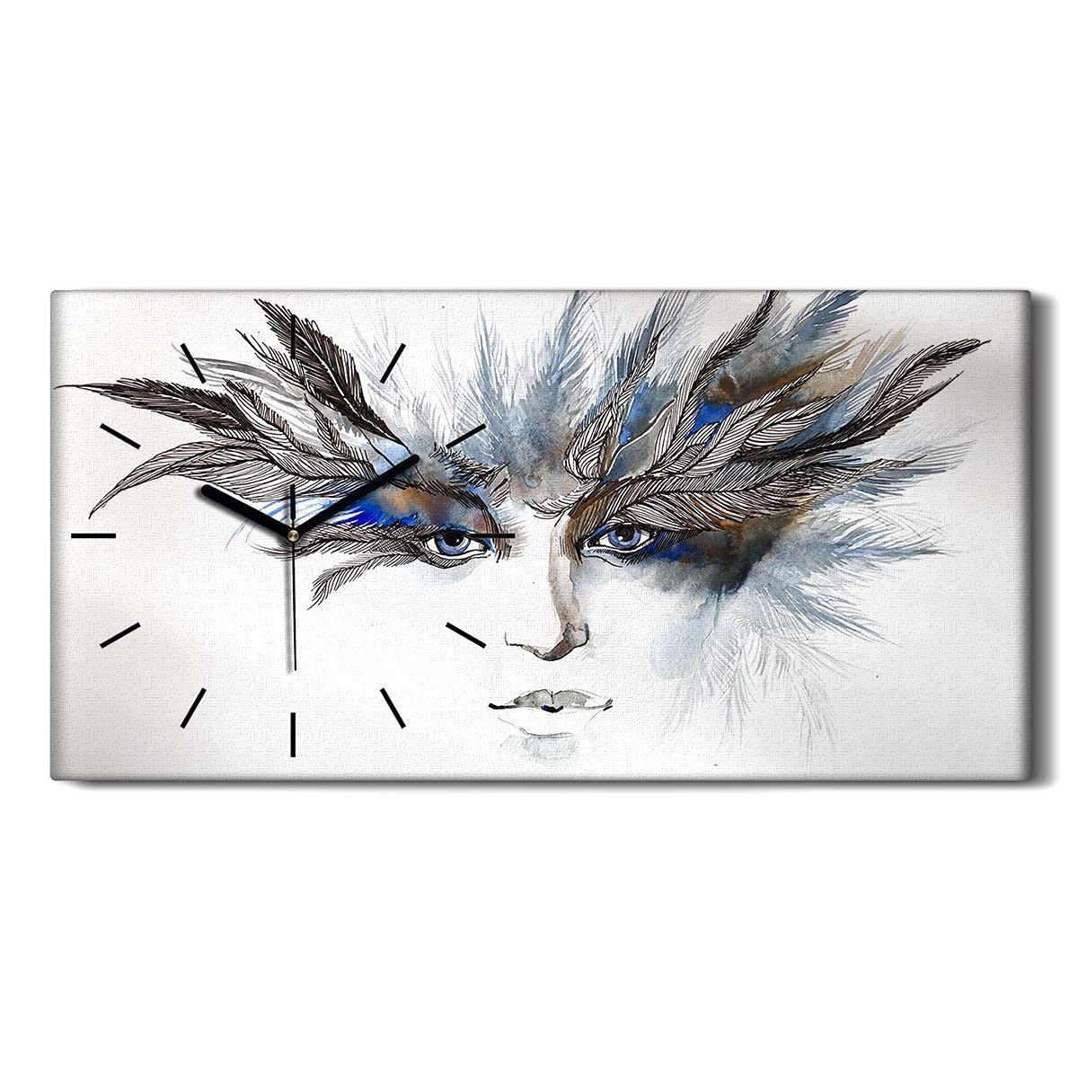 Horloge sur Toile Plumes Autour des Yeux 60x30cm - Plus de Tic-Tac pour un Salon Moderne Calme