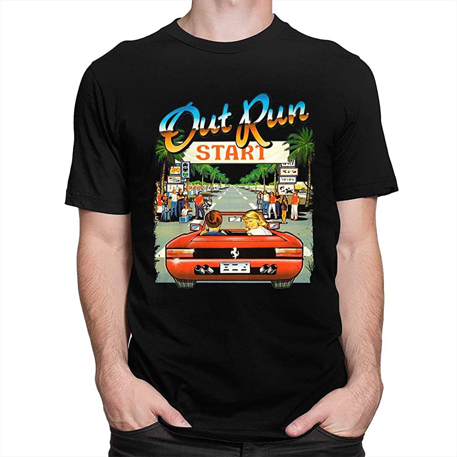 rather Japan Arcade Racing Video Game Out Run T Shirt Men Vintage 80s Console Gaming Tops Outrun Tshirt Casual Oversized TeeXL Black