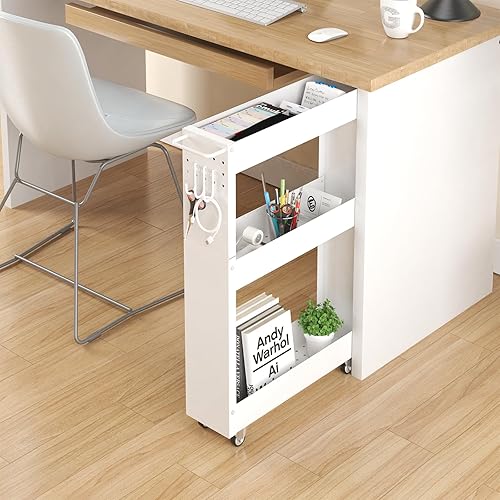 Miniatura 15 de Carrito de almacenamiento delgado, 5 pulgadas de ancho, carrito rodante blanco de 4 niveles con asa y parte superior de madera para cocina, baño,