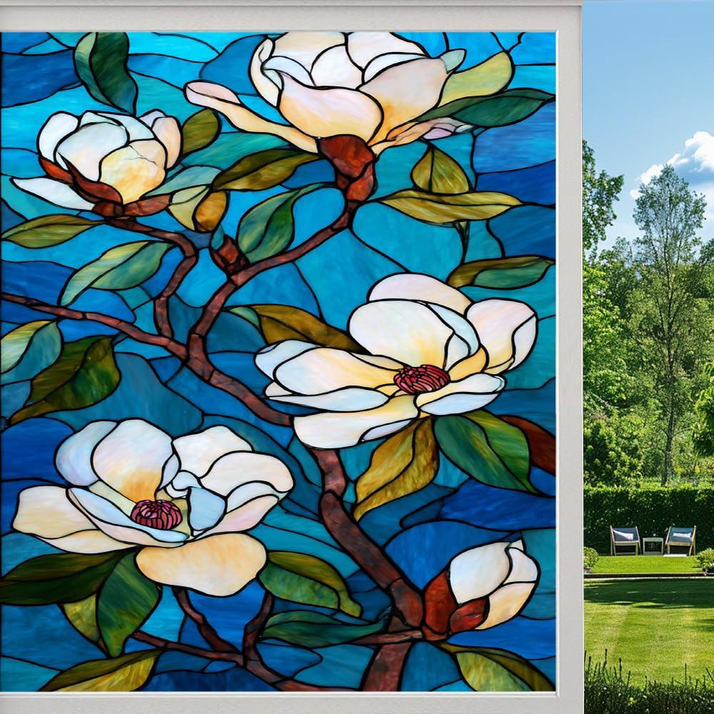 Pmlbaous Branch Flowers Frosted Window Film, Colorful Magnolia Natural Floral Stained Glass Privacy Film, Heat Insulation Self-Adhesive Vinyl For Bathroom Office, （55X100cm）